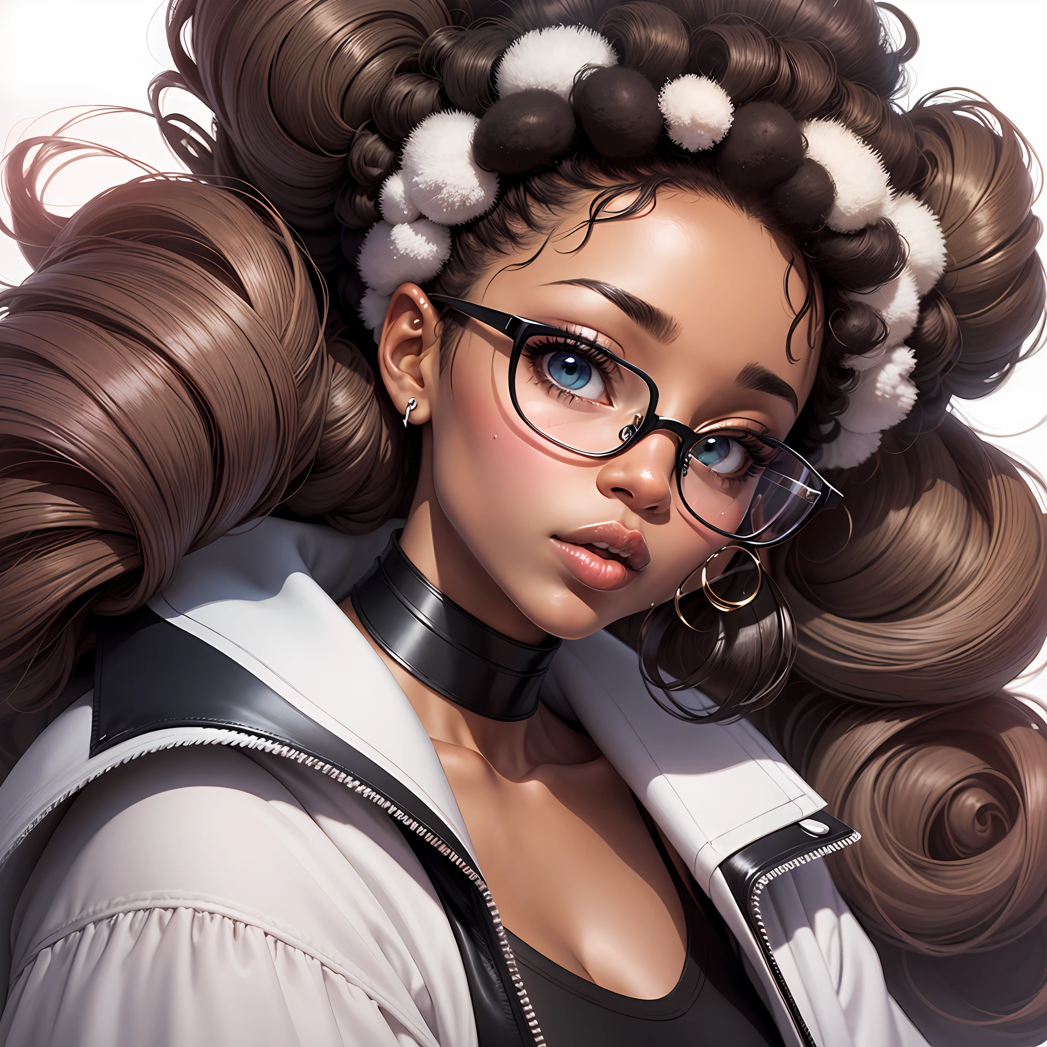 cartoon illustration of a black woman with large messy afro bun hair wearing glasses looking downward big lips dripping white background --auto --s2