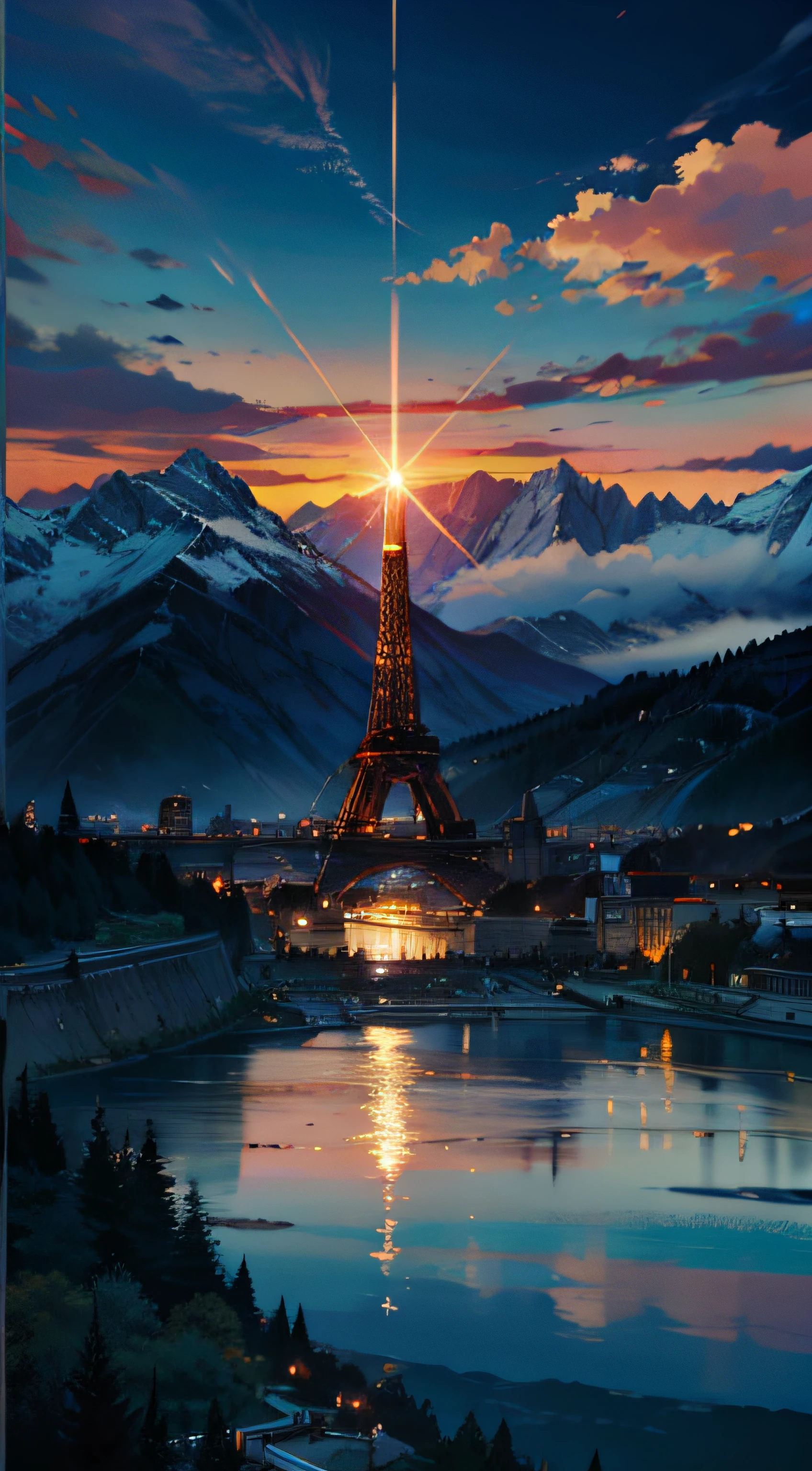 Masterpiece, best quality, sky, sun, clouds, Eiffel Tower, mountains, forests, rivers, vistas