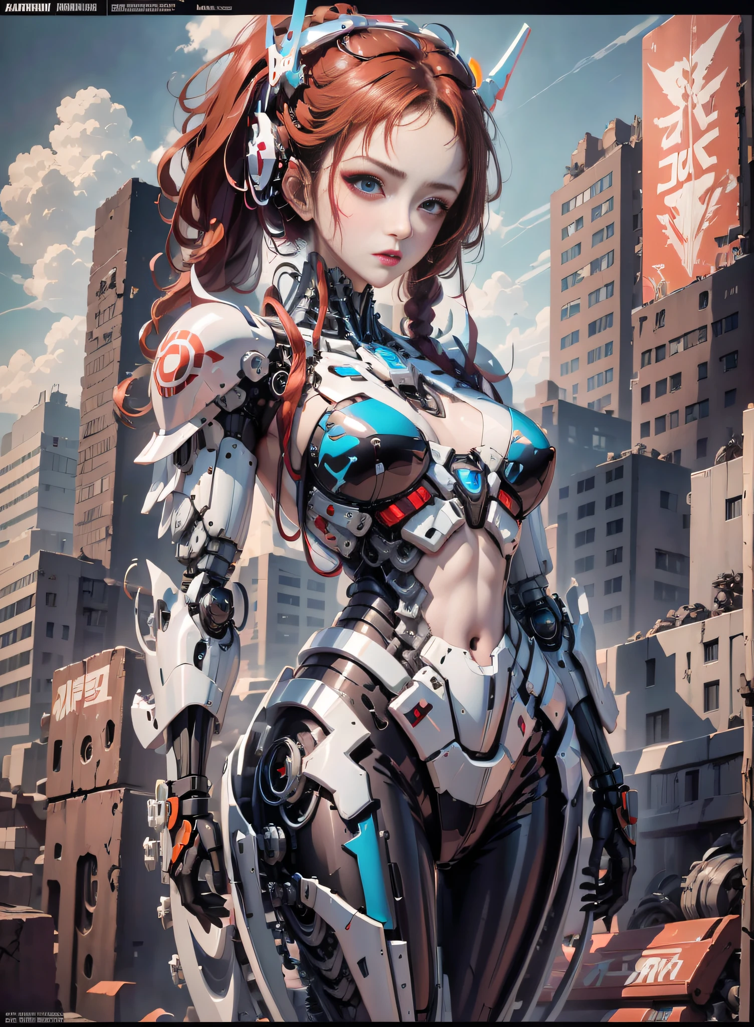 (highly detailed:1.5), (8k), futuristic mecha girl on the cover of a neon-lit science fiction magazine, style (cyberpunk:1.3), wearing an elegant battle suit with bright details, posing sensually, (bold typography:1.2), dynamic composition, vibrant colors, (Akira style:1.1), (inspired by Hajime Sorayama:1.2), full body, details in red, yellow, blue, white, combat position,  detailed bikini, futuristic detailed kaneda bike, red hair with braids,