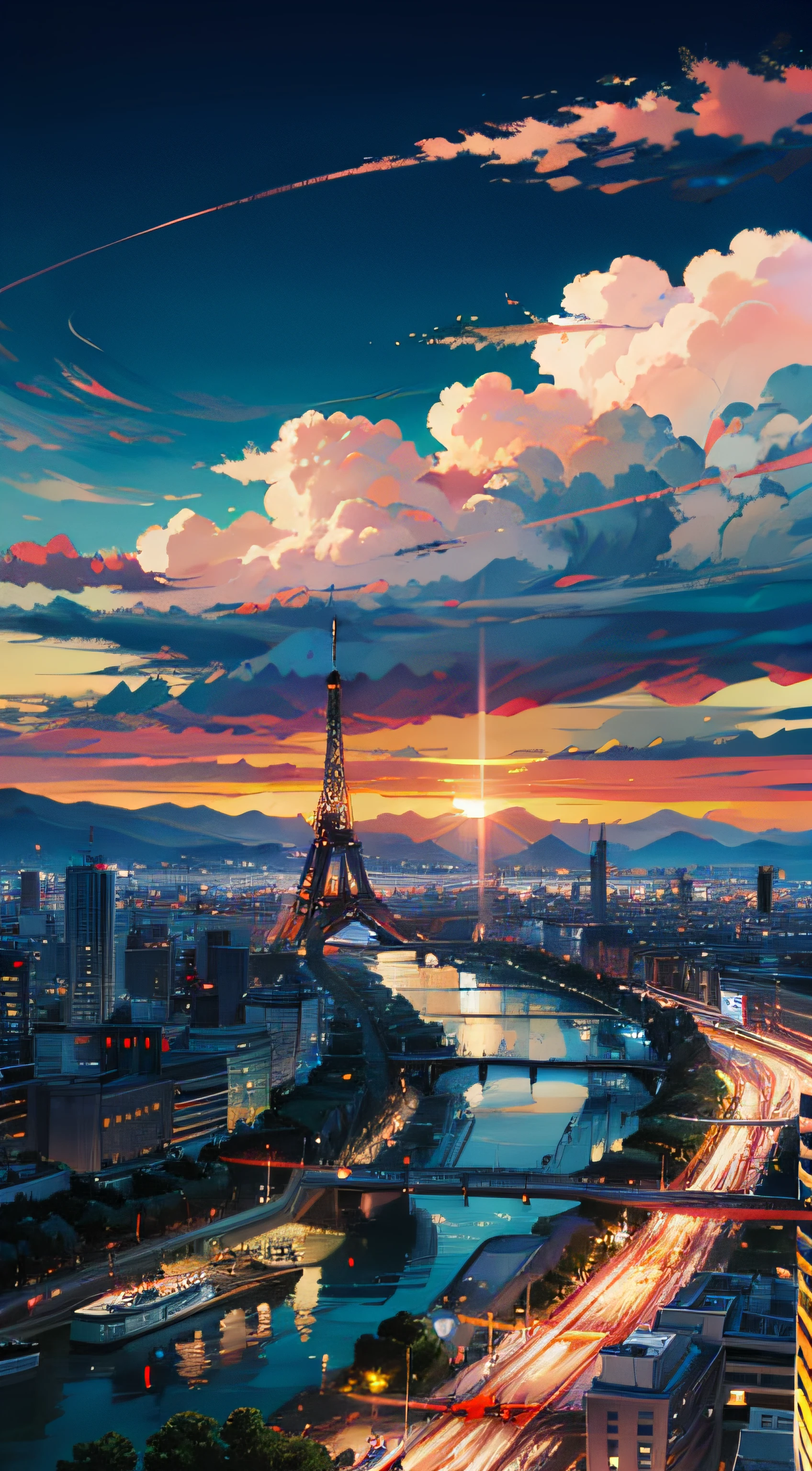 Masterpiece, best quality, sky, sun, colored clouds, Eiffel Tower, city complex, mountains, river, heads-up