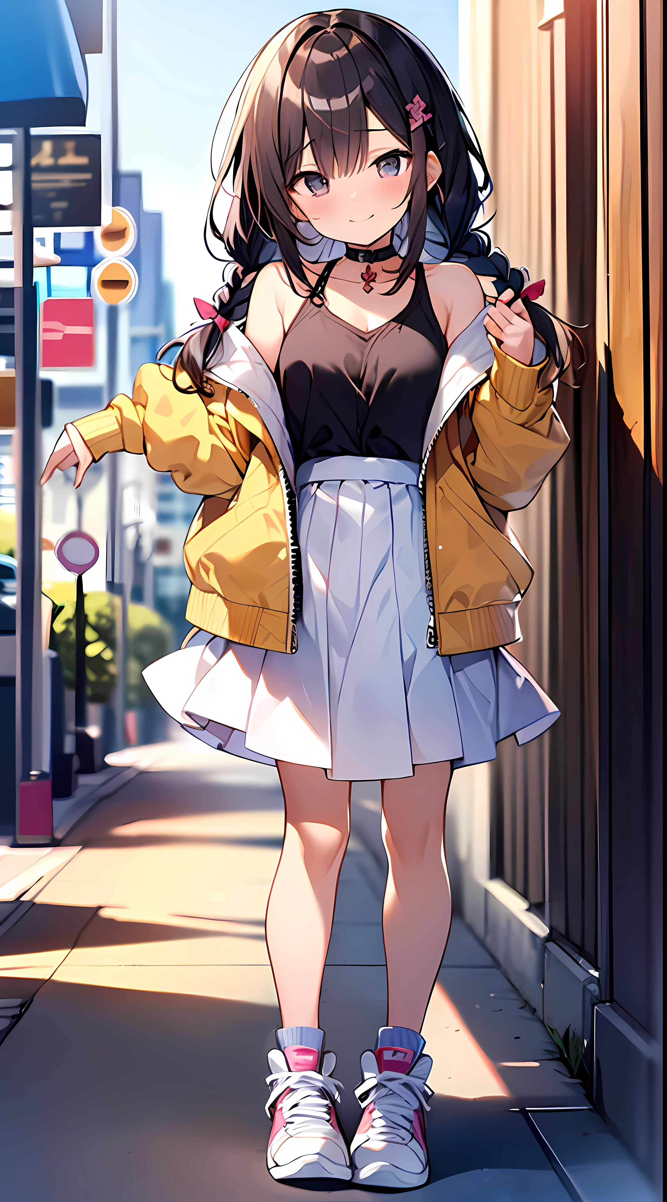 (ridiculous absolute resolution: 1.5), master piece, ultra high definition, 8k, (pastel colored jackets, sneakers, skirts) BREAK shoujo manga style, (), soft line art, digital enhancement, shoujo manga touch, shojo manga core, ((hair length to shoulders))), (short braid)), (happy and shy look), Beautiful and mysterious: 1.5, Best quality: 1.3