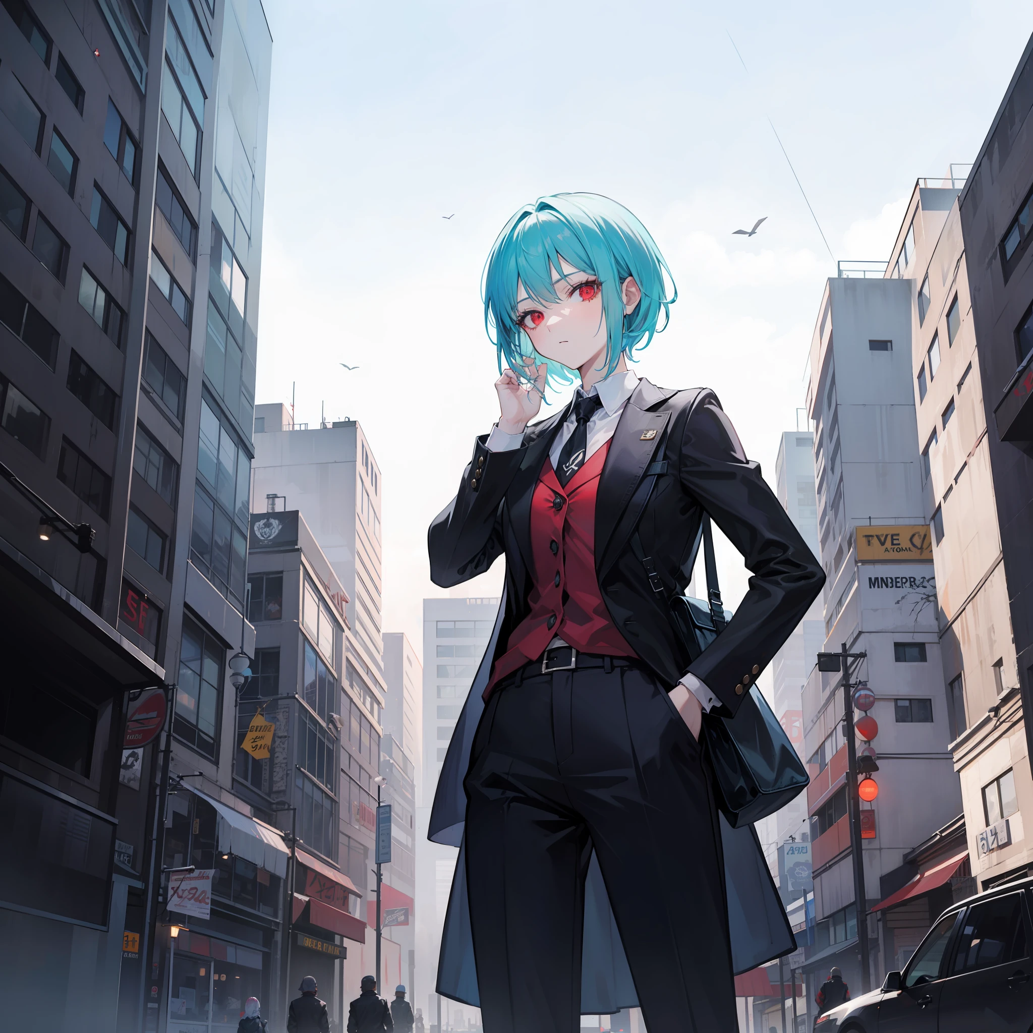A woman, mobster, short cyan hair, red eyes, mafia clothes, in an empty, apocalyptic city