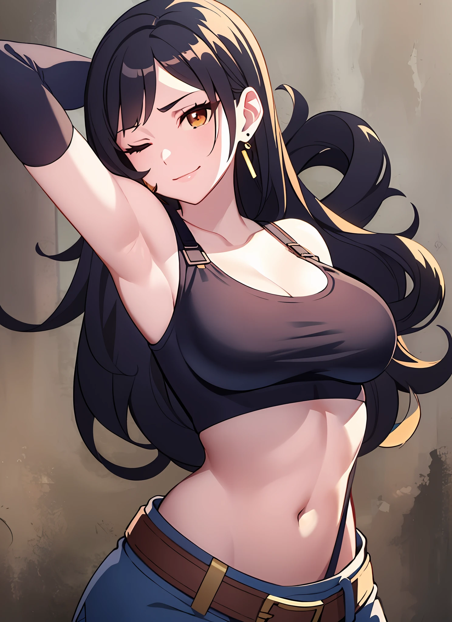 LWA tifa lockhart, 1girl, thick lips, arm up, armpits, artist name, belt, black hair, breasts, brown eyes, cleavage, closed mouth, collarbone, cowboy shot, crop top, earrings, elbow gloves, elbow pads, gloves, jewelry, large breasts, lips, long hair, low-tied long hair, midriff, navel, one eye closed, outdoors, skirt, smile, solo, stomach, suspenders, tank top, upper body, ((masterpiece))