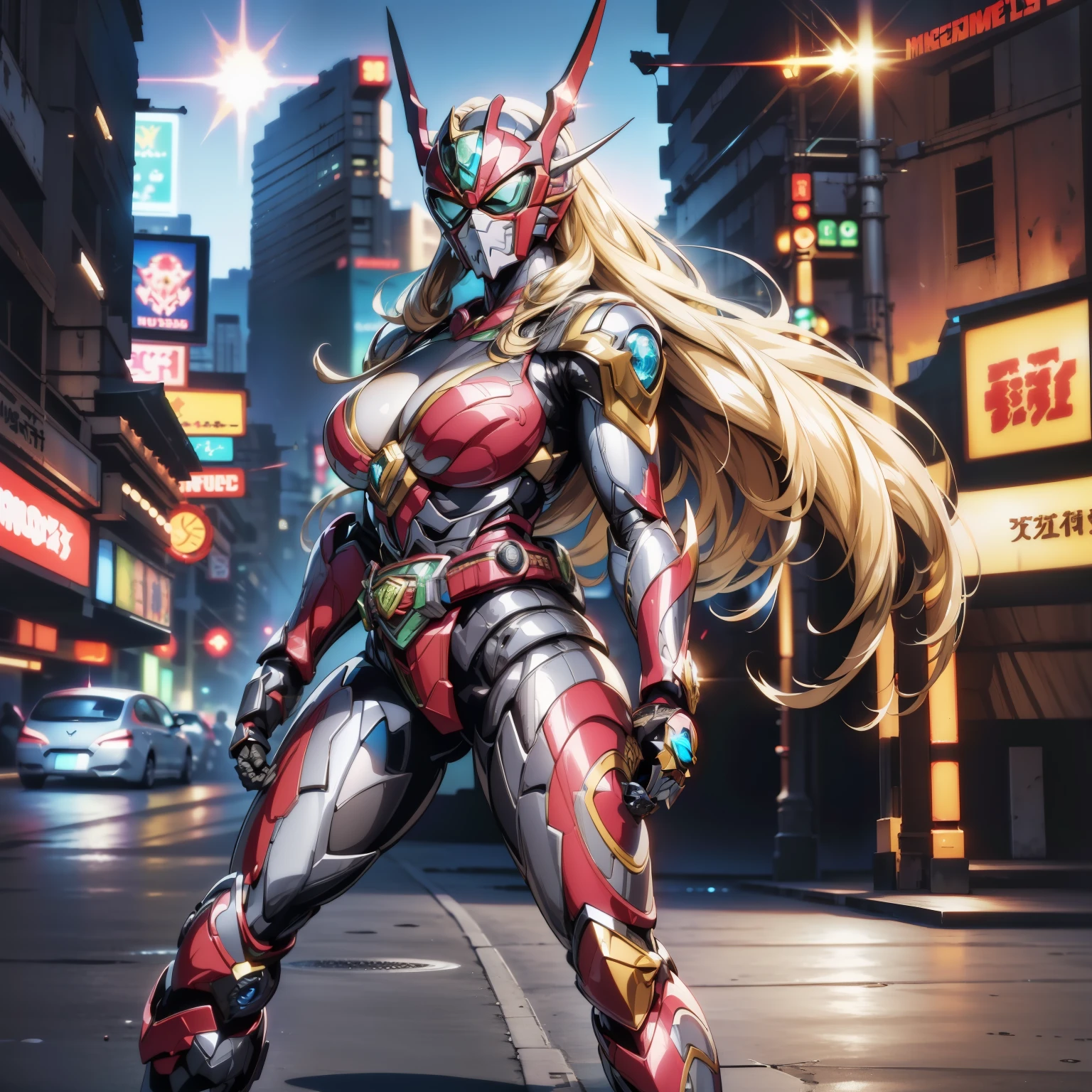 (Masterpiece, Superb Quality, Super Detailed, High Resolution), Male Focus, (((Kamen Rider Empty Me))), (((Mechanized))), (Body Details), (She Has Long Blonde Hair, Big Breasts, Slim), (Standing Pose), Posing for Photos, Looking Down, City Ruins, Background Details, (((Full Body)), From Above, Solo