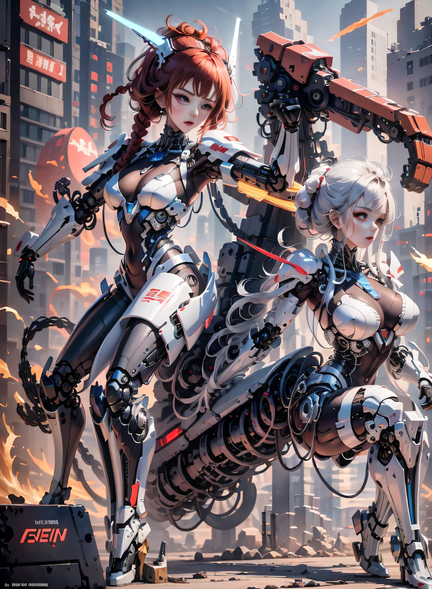 (highly detailed:1.5), (8k), futuristic mecha girl on the cover of a neon-lit science fiction magazine, style (cyberpunk:1.3), wearing an elegant battle suit with bright details, posing sensually, (bold typography:1.2), dynamic composition, vibrant colors, (Akira style:1.1), (inspired by Hajime Sorayama:1.2), full body, details in red, yellow, blue, white, combat position,  detailed bikini, futuristic detailed kaneda bike, red hair with braids,