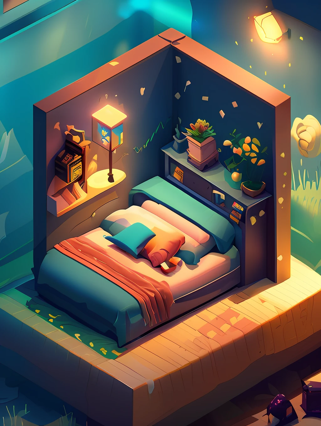 A room with children's bed and cabinet, low poly rendering, inspired by Cyril Rolando, pixel art, beautiful isometric garden, underwater in the ocean at night, small but cozy student bedroom, inside children's bedroom, organic isometric design, portfolio illustration, cute detailed artwork, buzzer rendering, blurry and dreamy illustration