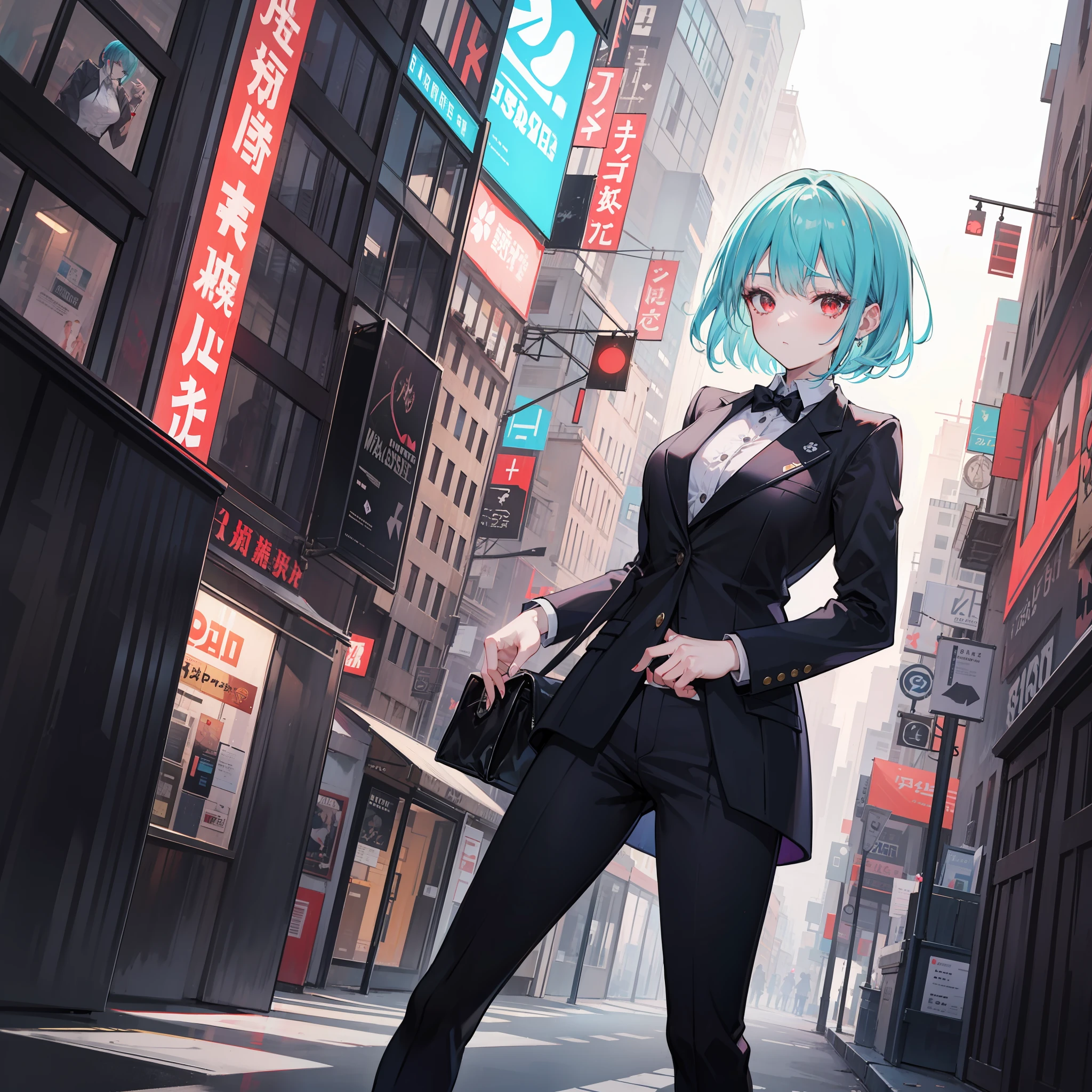 A woman, mobster, short cyan hair, red eyes, mafia clothes, in an empty city