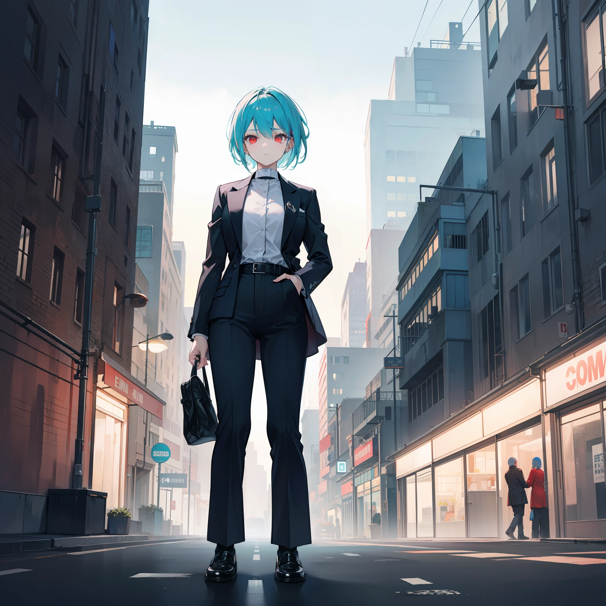 A woman, mobster, short cyan hair, red eyes, mafia clothes, in an empty city