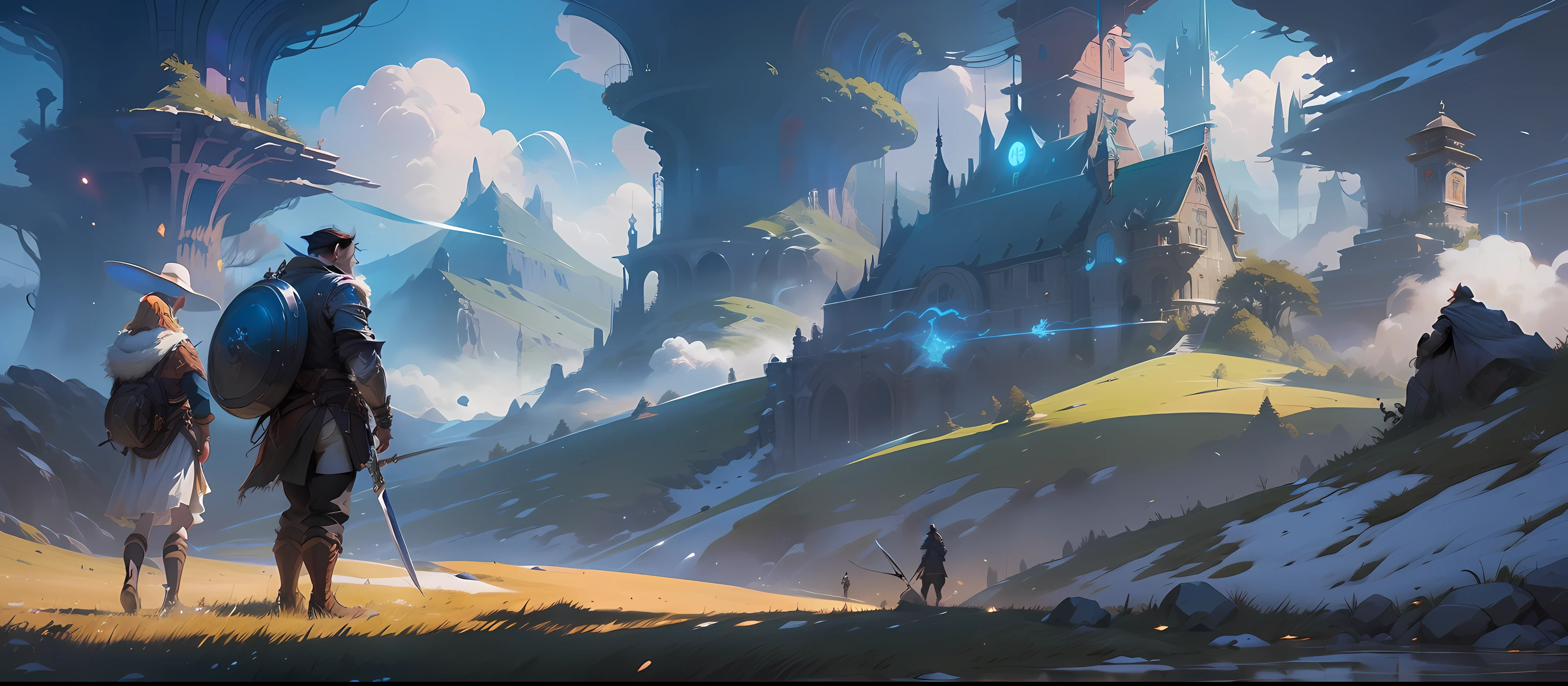 A man standing in a field with a sword, the style of Silvain Sarrailh and Sylvain Sarrailh combines elements of Andreas Rocha Style and Ross Tran. The picture depicts a high-fantasy landscape background, inspired by Bastian Glivett, Morebach and the anime landscape, showing the style of digital 2D fantasy art.