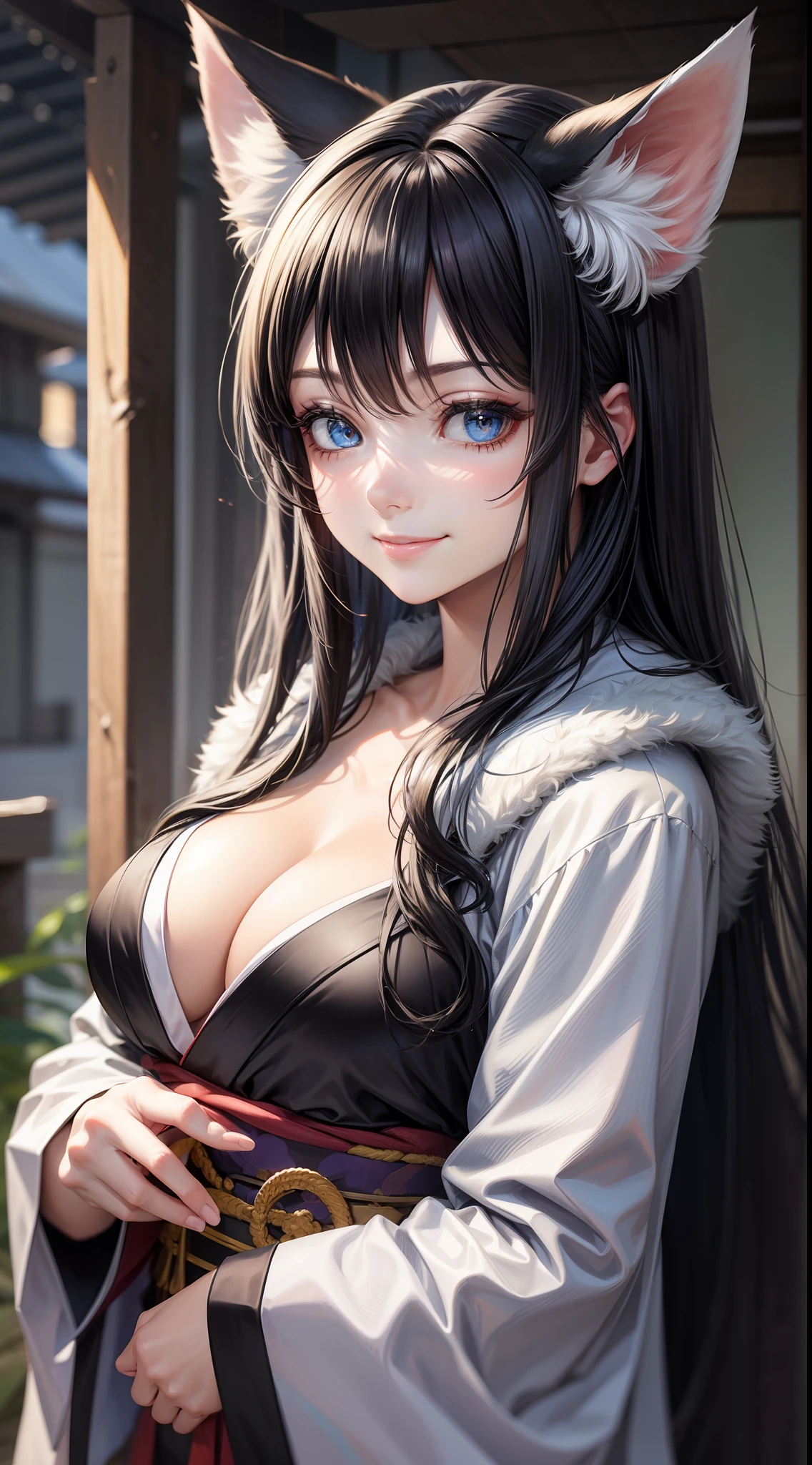 Adult woman, long black hair, blue eyes, white fox ears, open kimono, open chest, smile, masterpiece, high quality