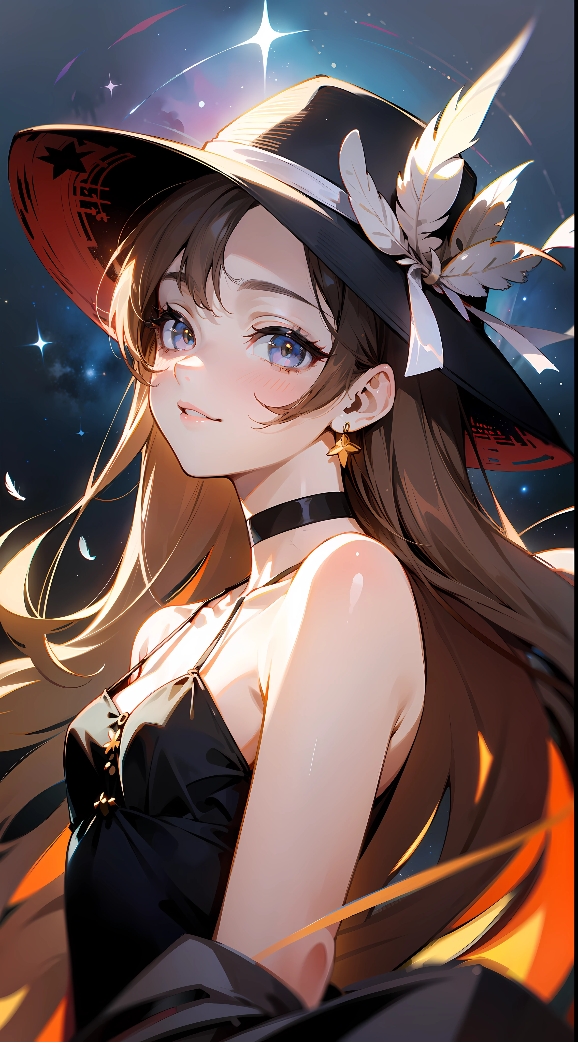 ((highest quality, 8k, masterpiece: 1.3)), night, ((starry sky)), low angle, view from the ground, burning forest in the background, bonfire background, SOLO, smile, full body, vertical oval face, young pretty woman, (dark brown hair), loose velvet dress with little skin exposure: 1.1, dress with a long hem, dress without slits, choker, black hat with feather ornaments, Ultra detailed face, detailed eyes, double eyelids, blurred background, slim face, bound waist, small ass, small breasts