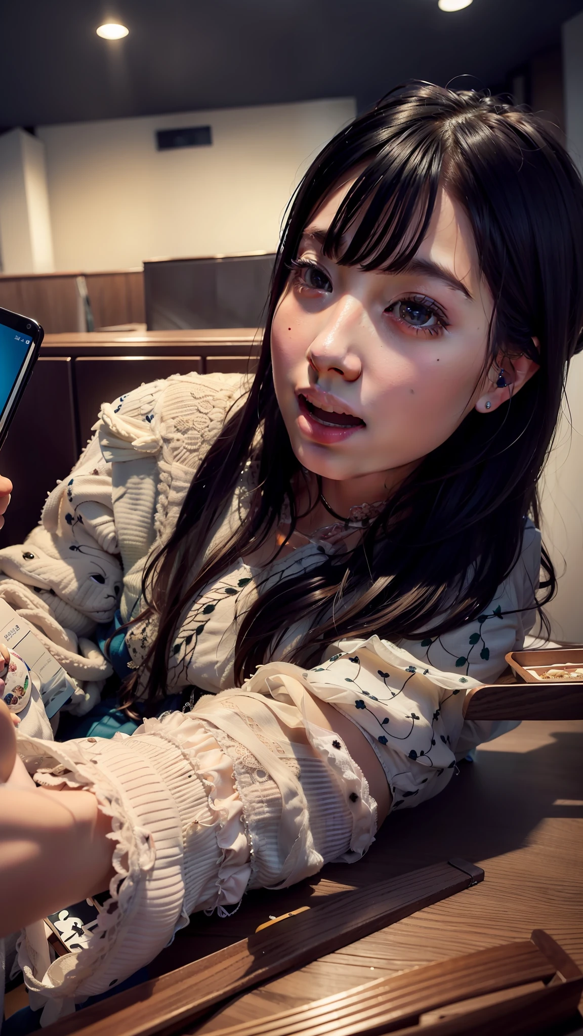 there is a woman sitting at a table with a cell phone, chiho, 8k selfie photograph, kimi takemura, narumi kakinouchi, wenfei ye, taken with sony alpha 9, aoshima chiho, xintong chen, shiori teshirogi, captured with sony a3 camera