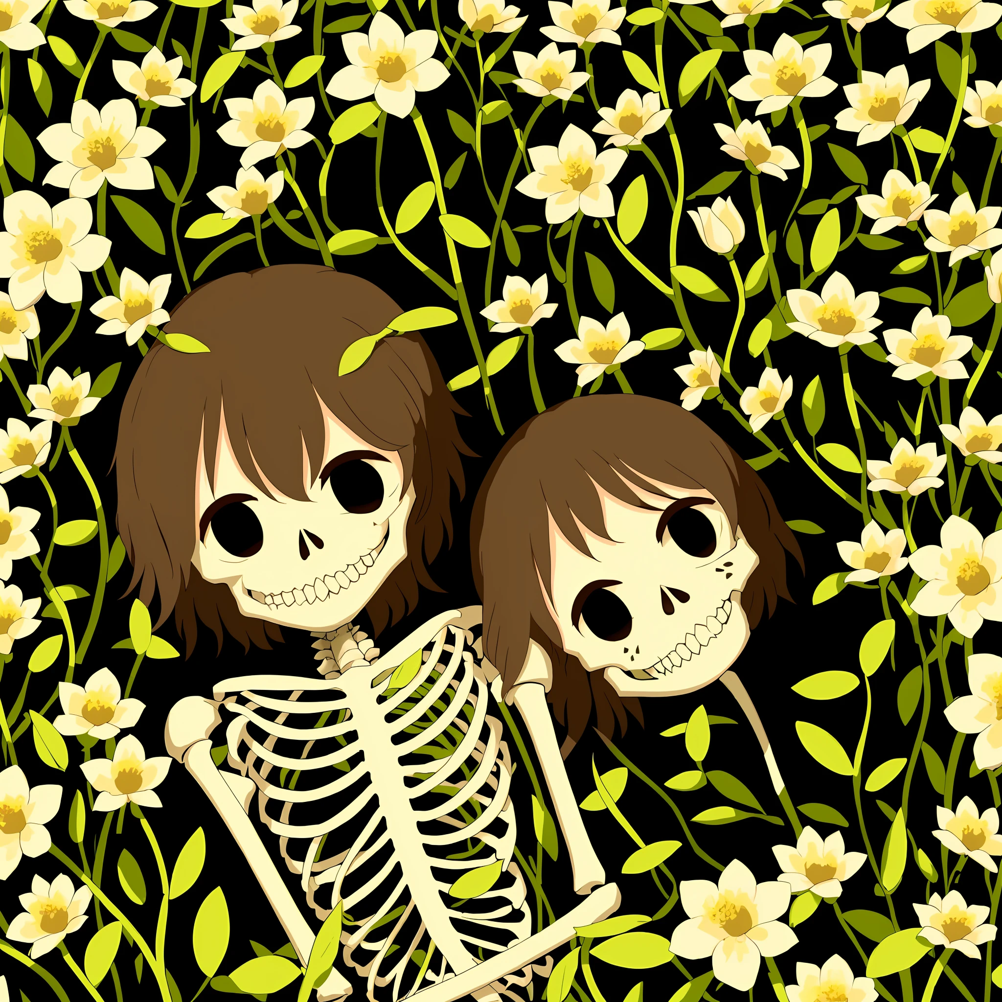 1girl, dead, half skeleton, flowers, 墓碑