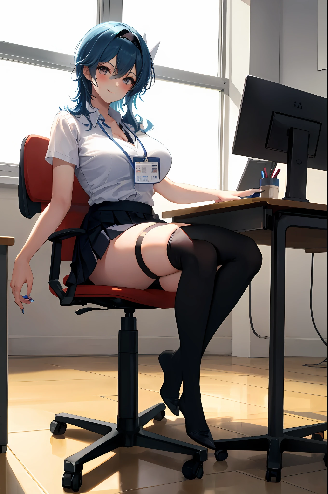 Eula, 1girl, solo, ((white shirt)), black thighhighs, breasts, cleavage, uniform, office background, black skirt, pleated skirt, office, hair between eyes, large breasts, long hair, looking at viewer, blue hair, blue short nails, solo, thighhighs, thighs, long hair, ((masterpiece)), sitting, chair, desk, computer on desk, name tag, id tag, indoor, golden hair clip, blush, sexy pose, smile,