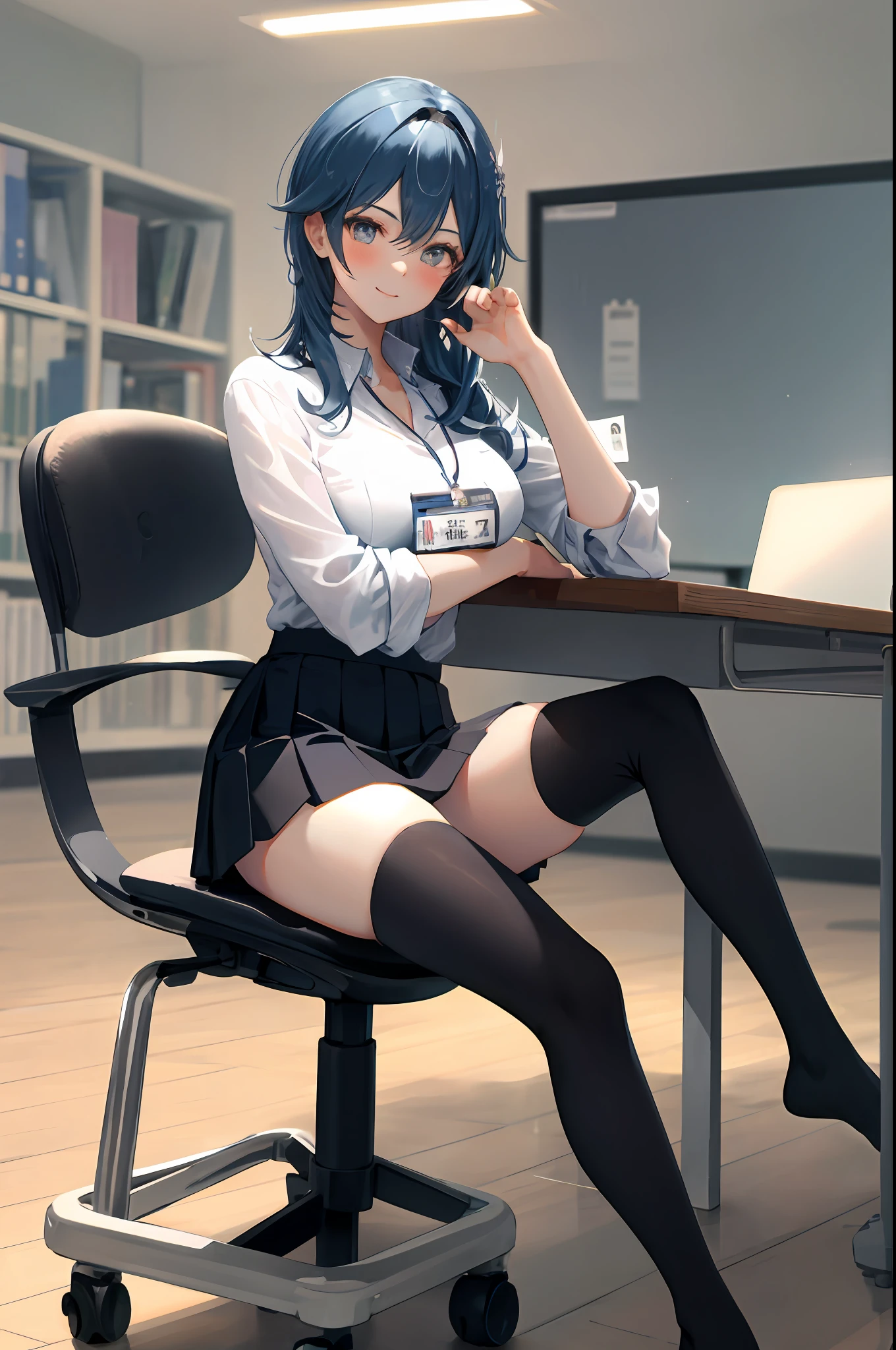 Eula, 1girl, solo, ((white shirt)), black thighhighs, breasts, cleavage, uniform, office background, black skirt, pleated skirt, office, hair between eyes, large breasts, long hair, looking at viewer, blue hair, blue short nails, solo, thighhighs, thighs, long hair, ((masterpiece)), sitting, chair, desk, computer on desk, name tag, id tag, indoor, golden hair clip, blush, sexy pose, smile,