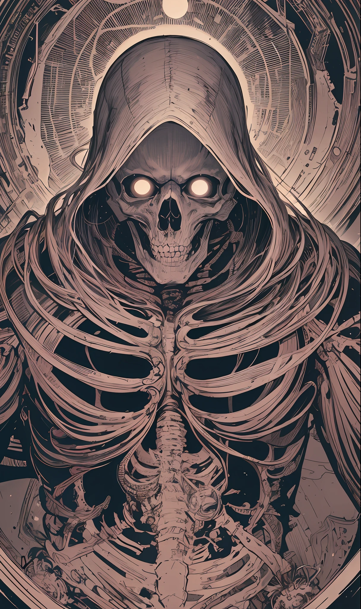 creepy, full moon, fantasy, skeleton, solo, mobile wallpaper, psychedelic, ((masterpiece, high resolution)), dubbing, Pinterest, Instagram posts, ((8k, high detail)), dark lightning, ((line art)), (man type), broad shoulders, hard trance