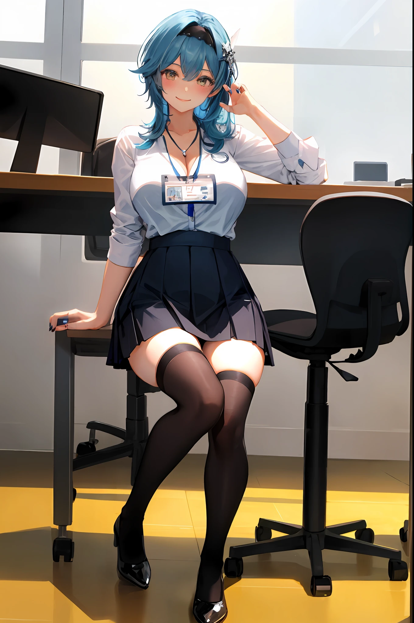 Eula, 1girl, solo, ((white shirt)), black thighhighs, breasts, cleavage, uniform, office background, black skirt, pleated skirt, office, hair between eyes, large breasts, long hair, looking at viewer, blue hair, blue short nails, solo, thighhighs, thighs, long hair, ((masterpiece)), sitting, chair, desk, computer on desk, name tag, id tag, indoor, golden hair clip, blush, sexy pose, smile,