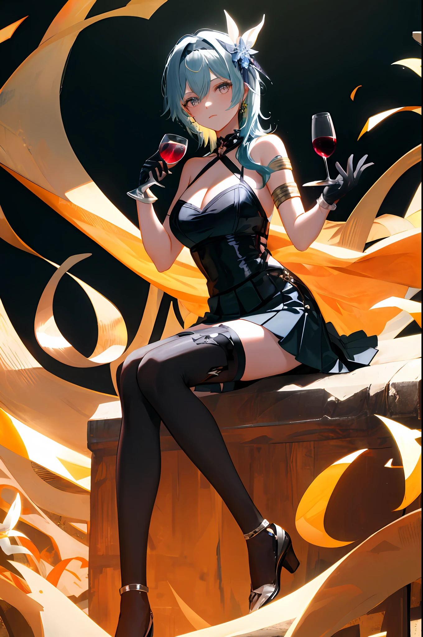 Eula, genshin impact, 1girl, alcohol, alternate costume, armlet, bare shoulders, black background, black dress, black gloves, black thighhighs, breasts, cleavage, criss-cross halter, cup, dress, drinking glass, flower, gloves, gradient background, hair between eyes, hair ornament, halterneck, holding, holding cup, large breasts, long hair, looking at viewer, blue hair, blue short nails, see-through gloves, solo, thighhighs, thighs, wine, wine glass, ((masterpiece)) pleated black skirt, sitting,