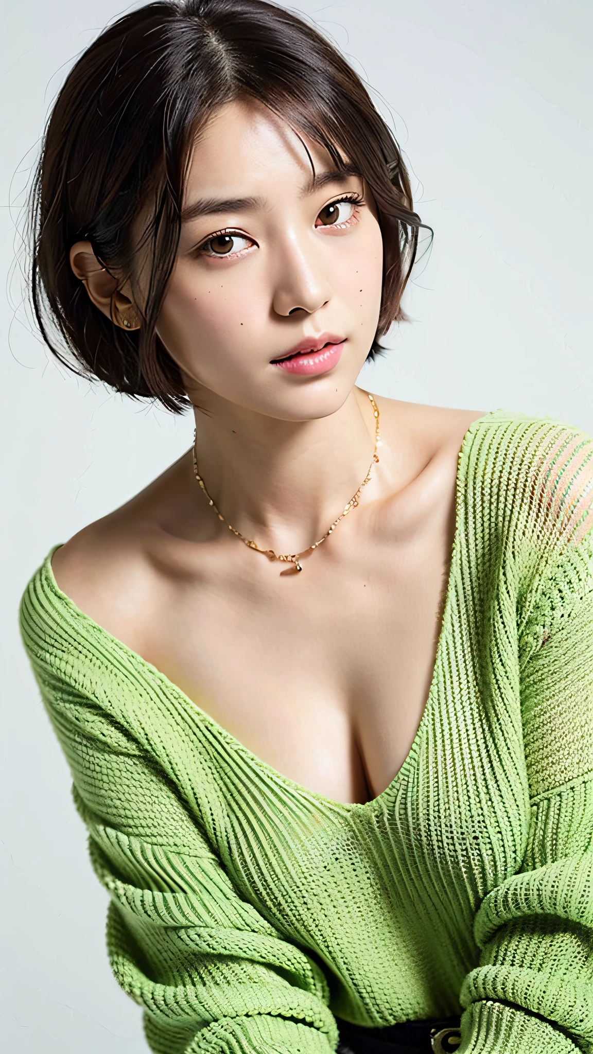 (Best quality, 8k, 32k, Masterpiece, UHD:1.2),Photo of Pretty Japanese woman, large breasts, very short bob hair,upper body,face focus,oversized_sweater, necklace, simple background, from above, looking at viewer,