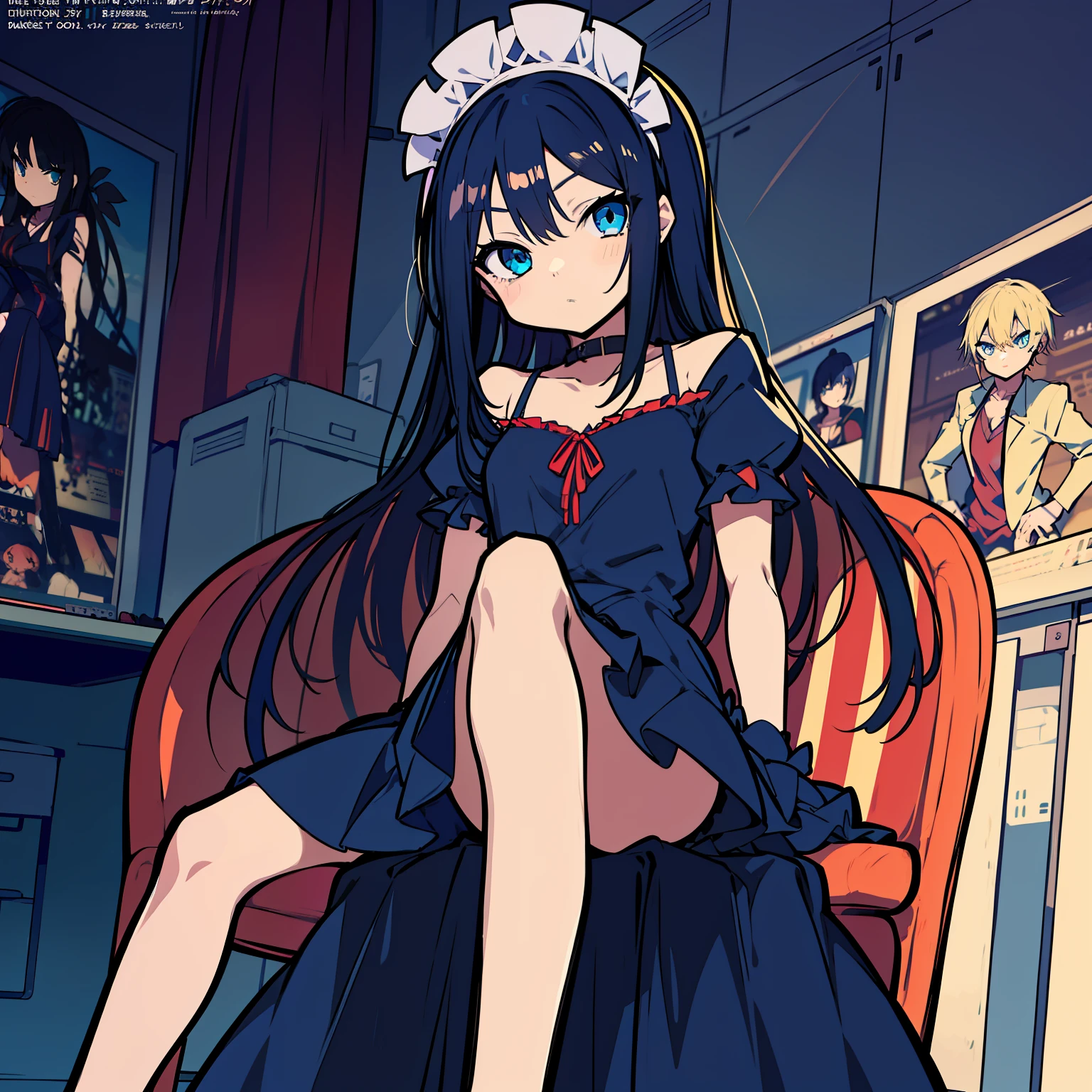 Anime girl with dark blue hair and black dress sitting on a chair, digital art on pixiv, anime art style, anime style 4K, cute anime in a nice dress, anime painter studio, zero chan art, beautiful anime art style, drawn in anime painter studio, anime moe art style, high quality anime art style, beautiful anime style, beautiful anime, in the room, sharp eyes, cool, blue eyes, 1 girl, sapphire, 1 girl, long skirt
