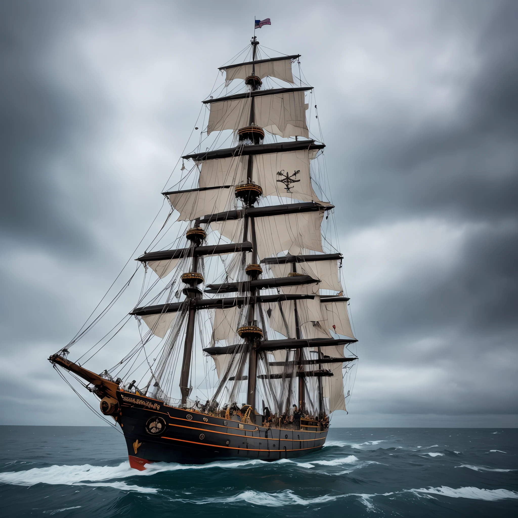 Flying Dutchman ship, a super detailed large pirate ship, damaged pirate ship, in landscape shot, shot with sony alpha camera, ship standing in vast sea, big sea waves, dark cloudy weather, an island in the background, 4k quality photo, high resolution, high quality, photorealistic, super detailed, super detaileed photo, super detail texture, little bit of raining , in front of ship there is a black skull logo, torn up sail of ship, lots of pirates on the ship, 45 degree angle shot of the ship deck,