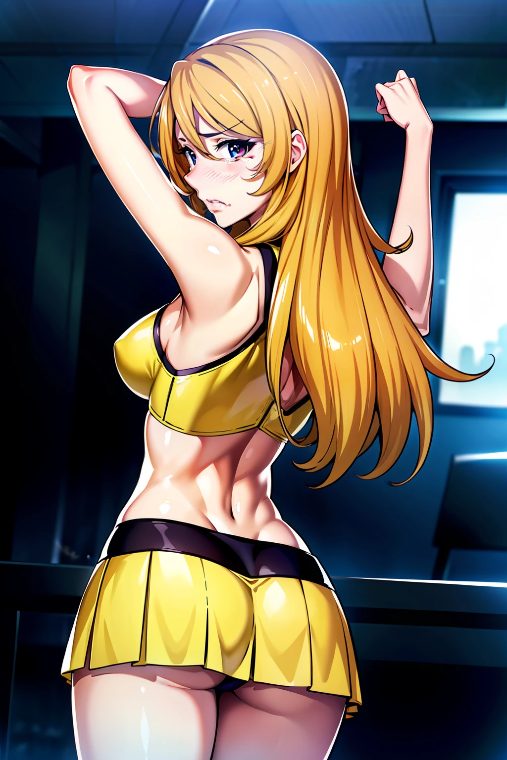 (from back,from behind:1.6),8k, 1girl,dark room,cheerleader costume with micro miniskirt,see sexy-white-panty,hip form miniskirt, night, medium breasts,with natural pointy tits ,arms up, looking at viewer, 1 girl, 18yo,Young female,Beautiful Finger,Beautiful long legs,Beautiful body,Beautiful Nose,Beautiful character design, perfect eyes, perfect face,(frown,bite lip,disgust,crying,nose-blushing,:1.2), solo focus, cowboy shot, (masterpiece:1.4),(best quality:1.4),(shiny skin), NSFW,official art,extremely detailed CG unity 8k wallpaper, perfect lighting,Colorful, Bright_Front_face_Lighting, (masterpiece:1.0),(best_quality:1.0), ultra high res,4K,ultra-detailed, photography, 8K, HDR, highres, absurdres:1.2, Kodak portra 400, film grain, blurry background, bokeh:1.2, lens flare, (vibrant_color:1.2) ,steaming body ,