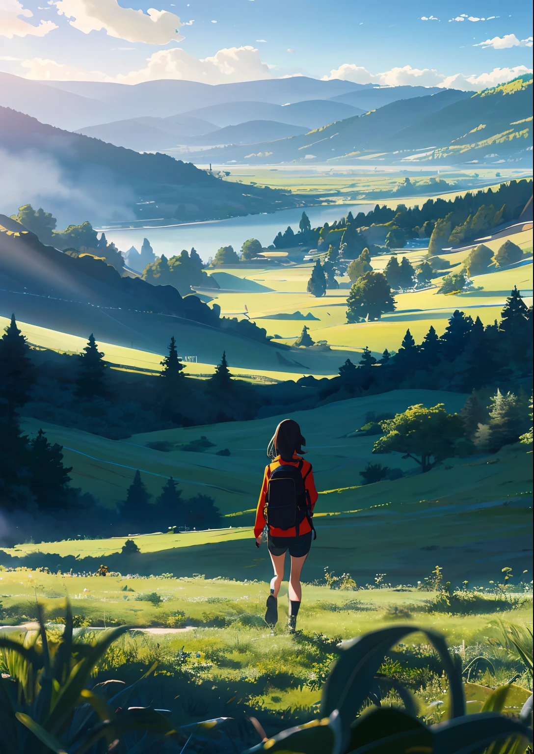 The vast sky, large grasslands, moving visual effects, colorful natural light, and a girl wearing a long-sleeved top and shorts with a backpack can be faintly seen in the distance in the middle of the meadow.