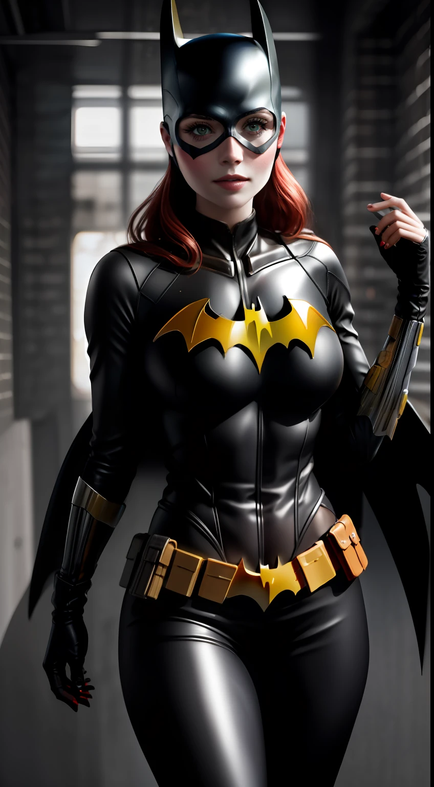 photo by Elizabeth Olsen, Highres, masterpiece, 1girl, solo, best quality, black outfit, red belt at the waist, mask on the eyes, ((Batgirl)), Batgirl cosplay, realistic, looking at the viewer, perspective shot, (big breasts1.4), Sexy abs, Petite, sexy legs, big ass, (Sexy Woman), (red hair), (30 years), smile, excited, 4K, HDR. by (James C. Christensen:1.2| Jeremy Lipking:1.1).