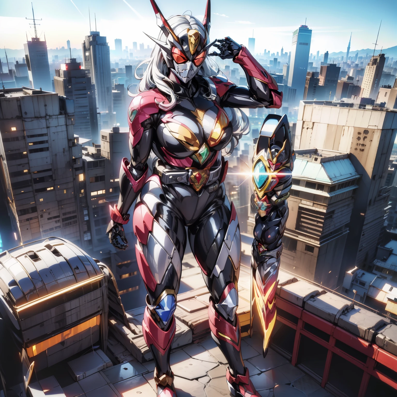 (Masterpiece, Superb Quality, Super Detail, High Resolution), Male Focus, (((Kamen Rider Empty Me))), (((Mechanized))), (Body Details), (She Has Long White Hair, Big Breasts, Slim), (Standing Pose), Pose for Photo, Top View, City Ruins, Background Details, (((Full Body))), From Above, Solo