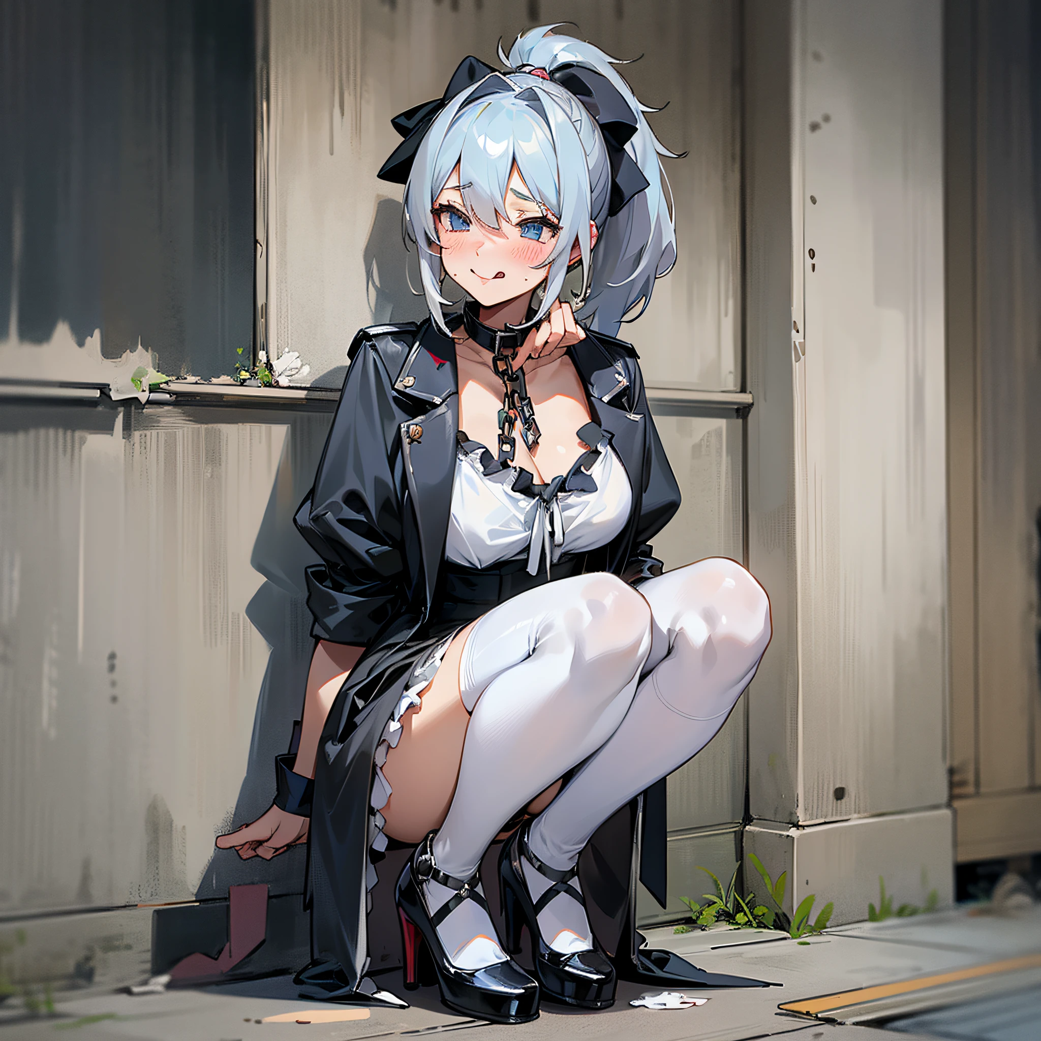Outdoor, creeping, young woman, collar, dog chain, tongue, long ponytail, blush, lots of white sticky, black stockings, high heels, rags, disheveled clothes --auto --s2