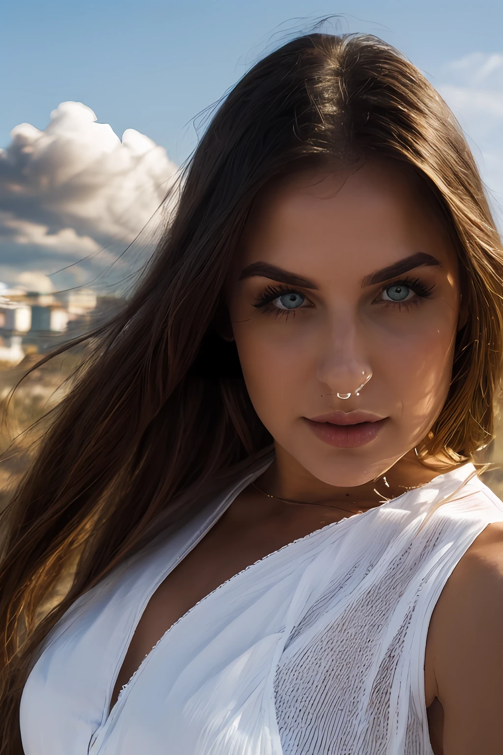 official art, masterpiece, perfect face, sharp focus, (beautiful, beautiful and cute Italian woman: 1.3), hair and eyes and delicate and beautiful face, realistic, ultra detailed, beautiful girl, blue sky, white particle brightness, (side lighting: 1.2), sunlight, white cloud, detailed clouds, slender, lovely very large breasts and very large hips, scenery, long straight hair, sexy facial expression, construction, (cityscape: 1.7), dynamic hair, long straight hair, detailed dark brown hair, bright blue eyes, (blue pleated shirts + white skirt), long white socks, hair ornament, epic scenery