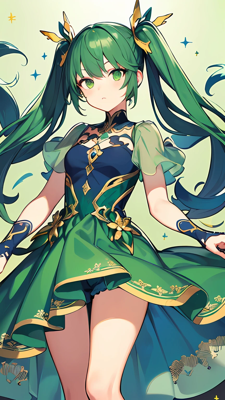 (((masterpiece))),(((bestquality))),((ultra-detailed)),(illustration),((anextremelydelicateandbeautiful)),dynamicangle,floating,(beautifuldetailedeyes),(detailedlight) (1girl), solo, floating_hair,glowingeyes,green hair,greeneyes, twintails, halterdress, atdan, green background,