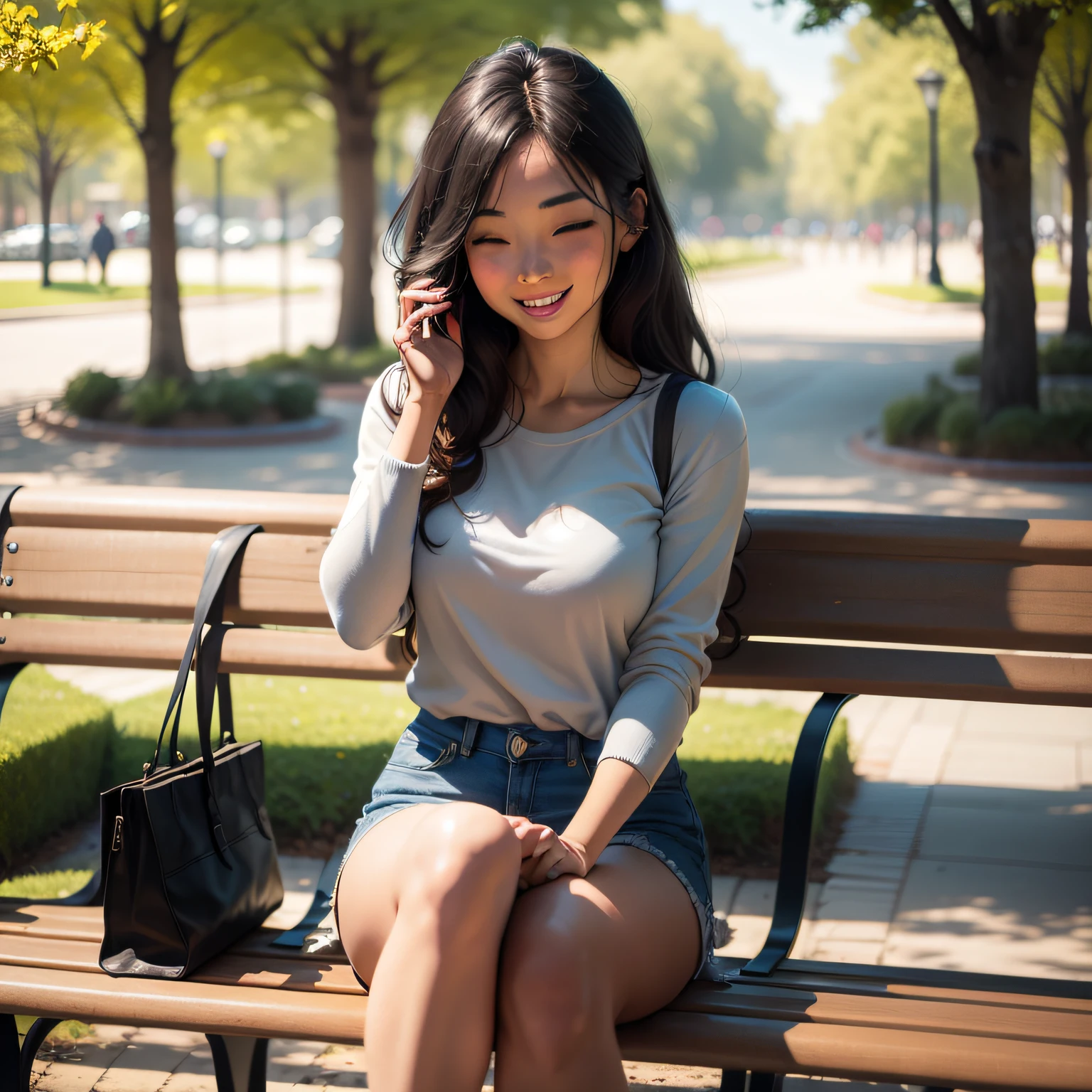 Happy woman with herself sitting on a park bench