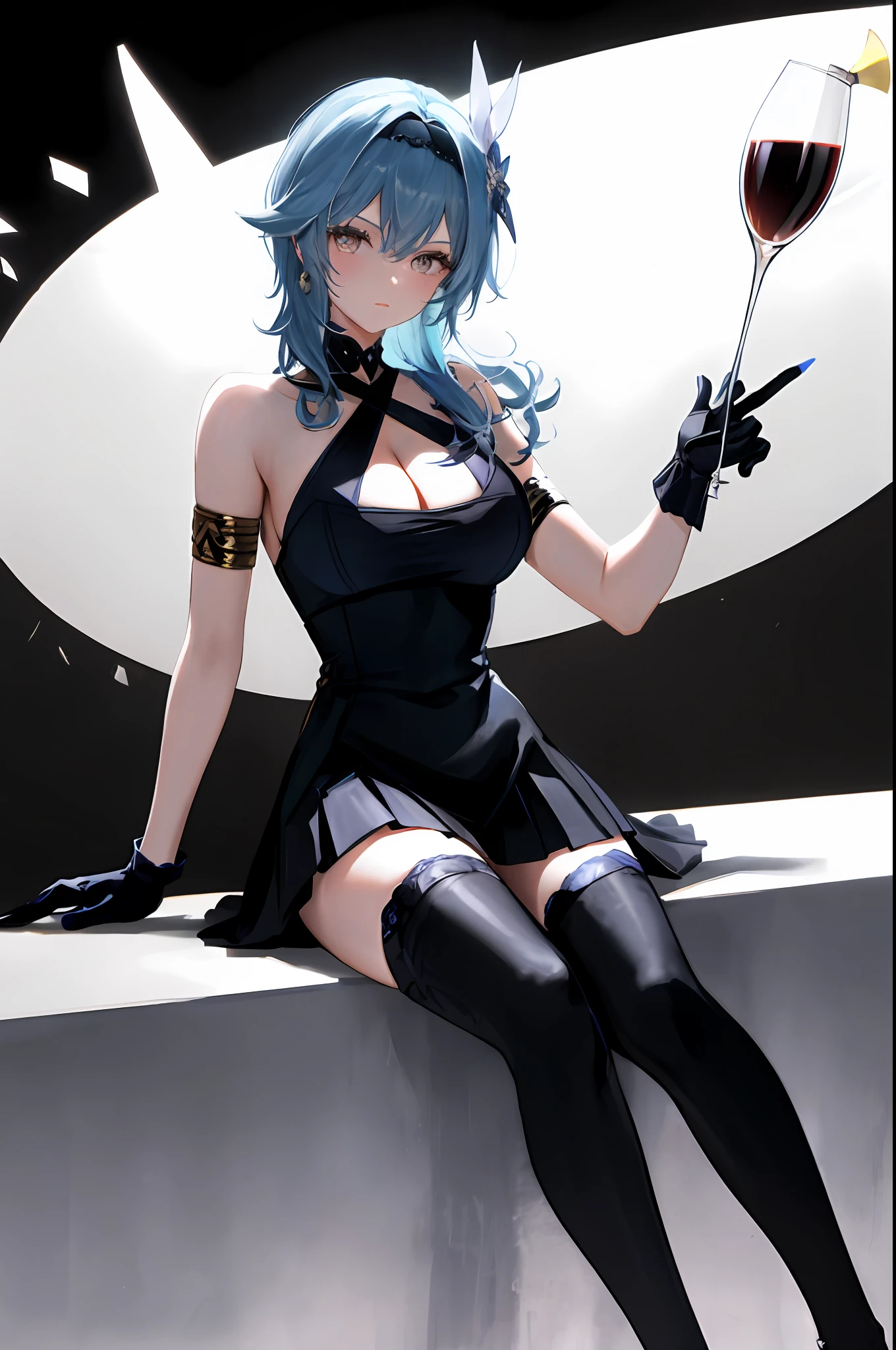 Eula, genshin impact, 1girl, alcohol, alternate costume, armlet, bare shoulders, black background, black dress, black gloves, black thighhighs, breasts, cleavage, criss-cross halter, cup, dress, drinking glass, flower, gloves, gradient background, hair between eyes, hair ornament, halterneck, holding, holding cup, large breasts, long hair, looking at viewer, blue hair, blue short nails, see-through gloves, solo, thighhighs, thighs, wine, wine glass, ((masterpiece)) pleated black skirt, sitting,