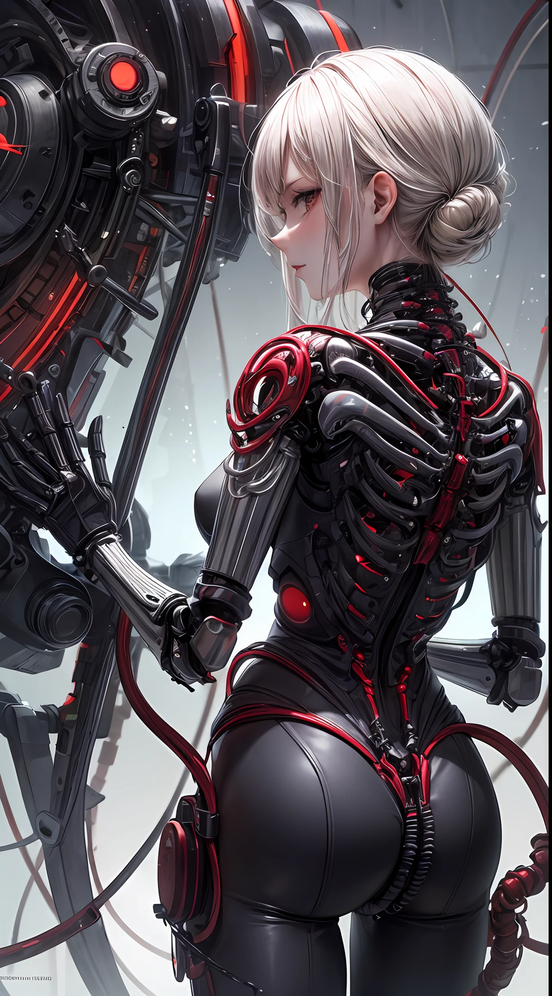(((Masterpiece))), ((Best Quality)), (Super Detail), (CG Illustration), (Very Evil and Beautiful)), Cinematic Light, ((1 Mechanical Girl)), Single, (Mechanical Art: 1.4), ((Mechanical limb)), (Blood vessel attached to a tube), ((Mechanical spine attached to the back)), ((Mechanical cervical vertebrae attached to the neck), (Back to the viewer)), expressionless, ( Wires and cables attached to the head and body: 1.5), Science Fiction, Apocalypse, Ruins, (Lower Body Integrated with Mechanical Devices), (Blood: 1.5), Cruelty, Absurdity, Eroticism, Fusion with Machines, Doomsday Time, Super Future, Inorganic, Laboratory, Restraint, (Beautiful Indulgence: 1.2), (1 Girl: 1.3), Body Wrapped Around Mechanical Tentacles