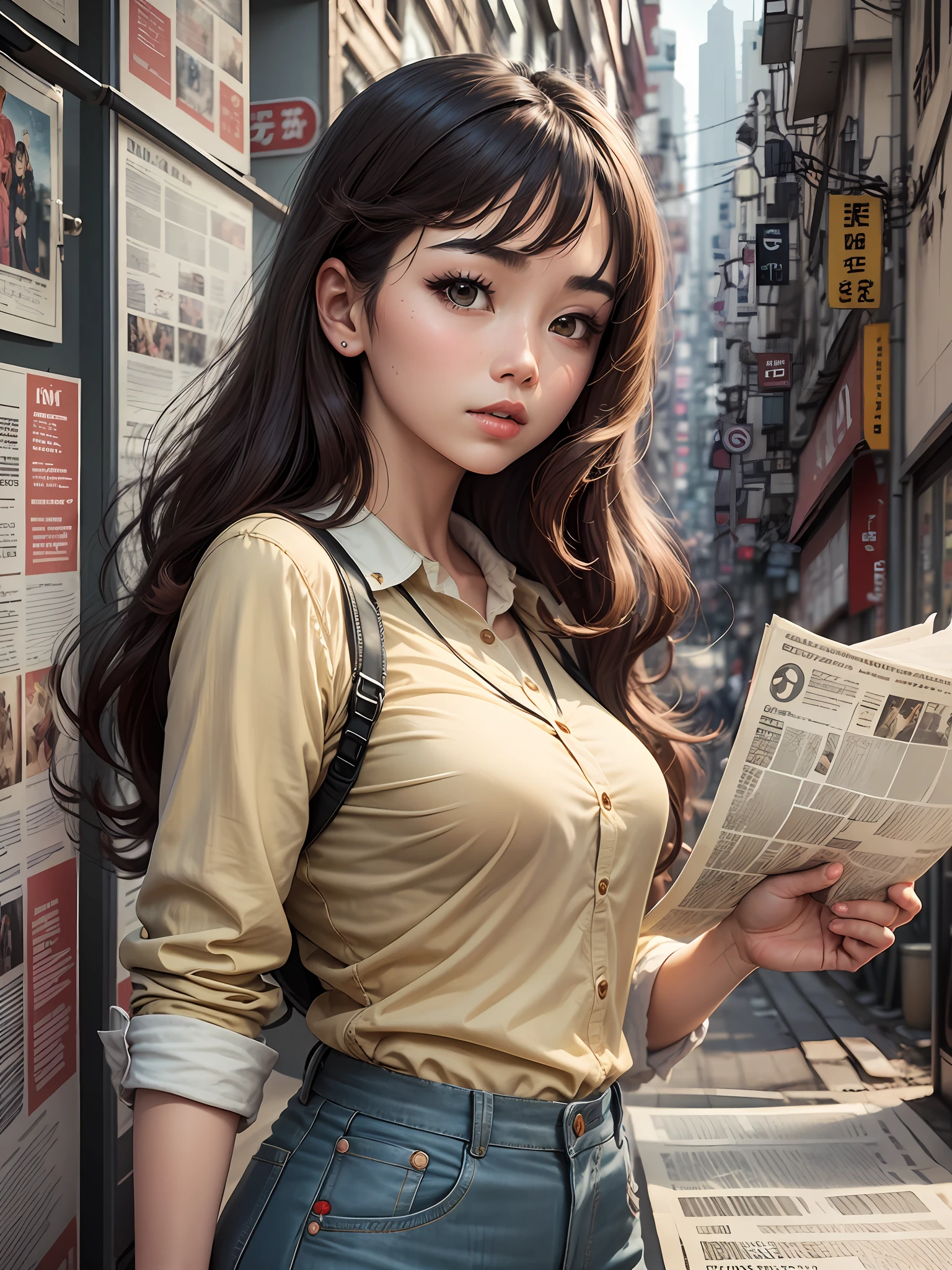 a super beautiful girl, long curly hair, brown hair, old fashion, retro shirt, hongkong comic girl, vintage style, background is a wall composed by newspapers, high details --auto --s2