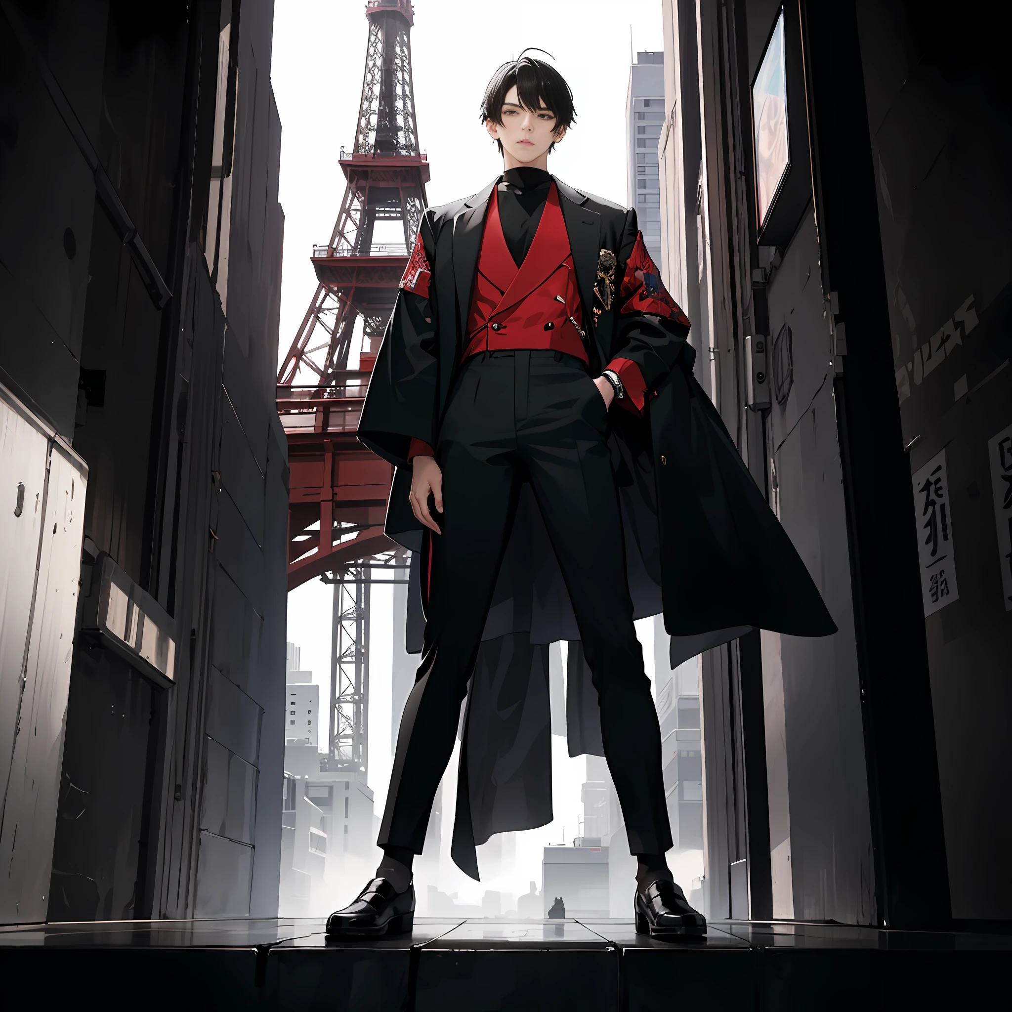 Create a full-body, highly detailed, and high-resolution 16k image of a beautiful boy who personifies the Tokyo Tower. he should be standing, with he entire body visible. He design should emphasize elements that are characteristic of Tokyo Tower, such as its red and white color scheme and its distinctive antenna. The background should be completely black, highlighting the character even more. He pose should be strong and confident, reflecting the towering presence of the landmark he represents. The art style should be photorealistic, with a focus on capturing the intricate details of he design. --ar 16:9 --v 5.1 --style raw --q 2 --s 750