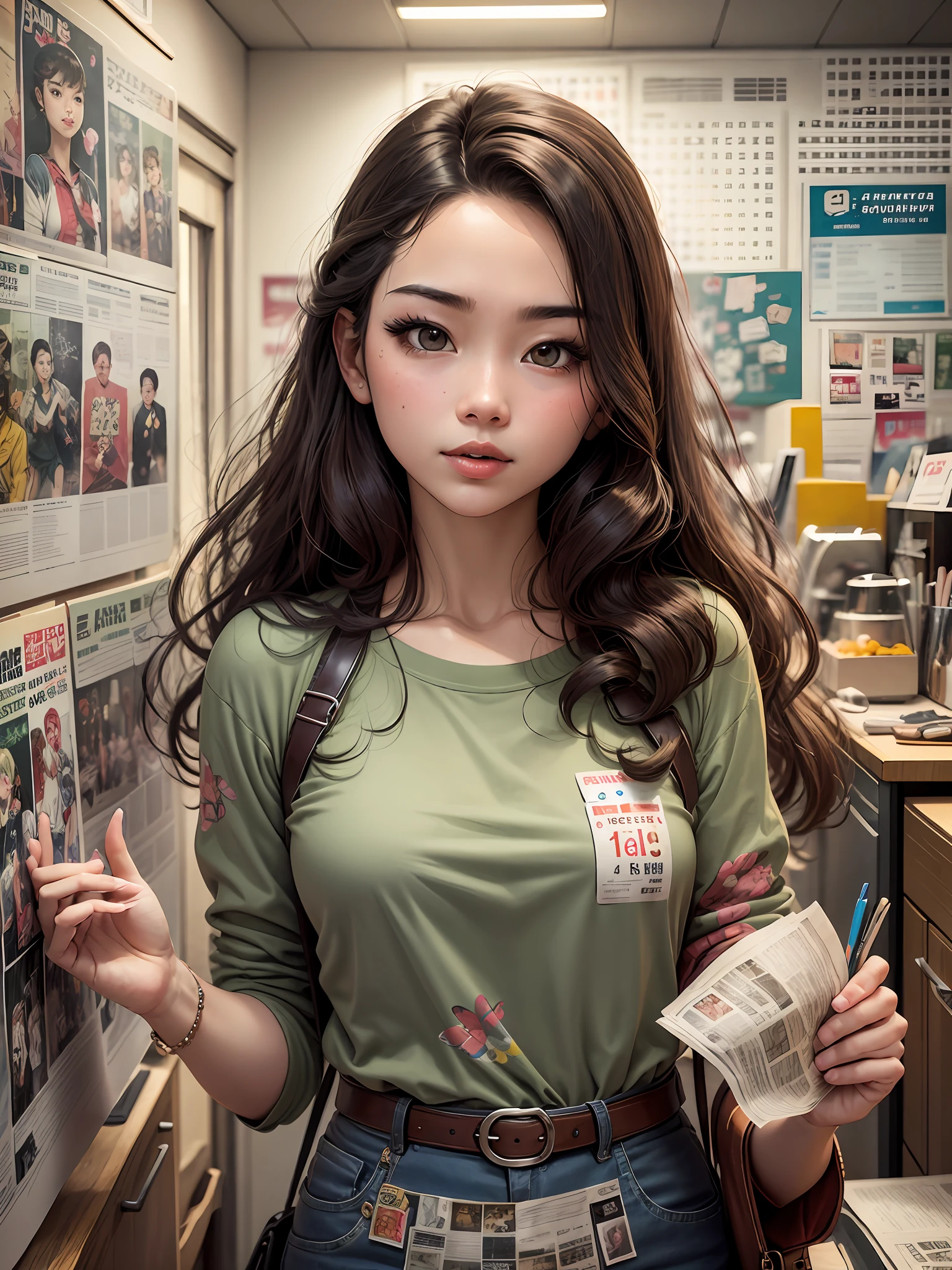 a super beautiful girl, long curly hair, brown hair, old fashion, retro shirt, hongkong comic girl, vintage style, background is a wall composed by newspapers, high details --auto --s2