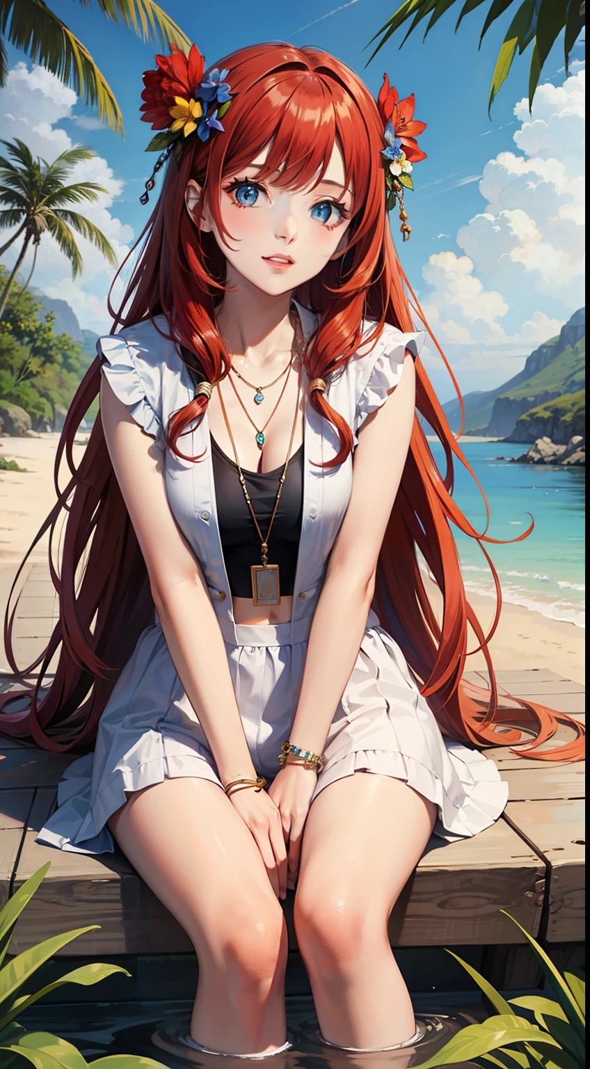 1girl, long hair, tree, sitting, jewelry, necklace, red hair, solo, hair ornament, BREAK, multicolored hair, blue flower, water, beach, outdoors,