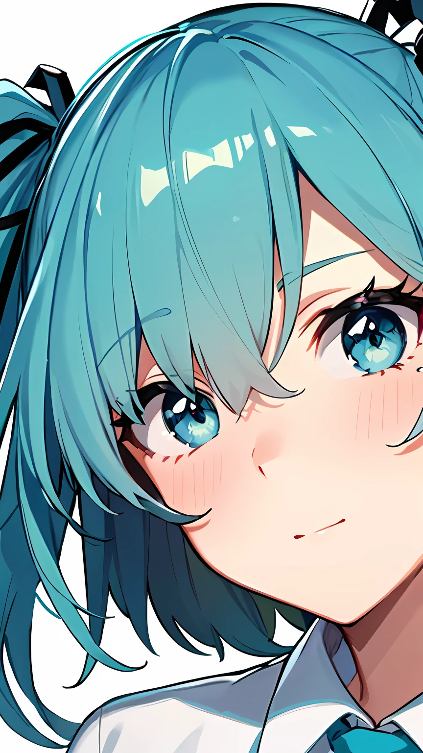 (((masterpiece))),(((bestquality))),((ultra-detailed)),(illustration),((anextremelydelicateandbeautiful)),dynamicangle,floating,(beautifuldetailedeyes),(detailedlight) (1girl), a close up of a person with green eyes and a white shirt, an anime drawing inspired by Rei Kamoi, trending on pixiv, hurufiyya, mikudayo, waifu, wataru kajika, anime waifu, iwakura lain, close up iwakura lain, hatsune miku short hair, cute natural anime face