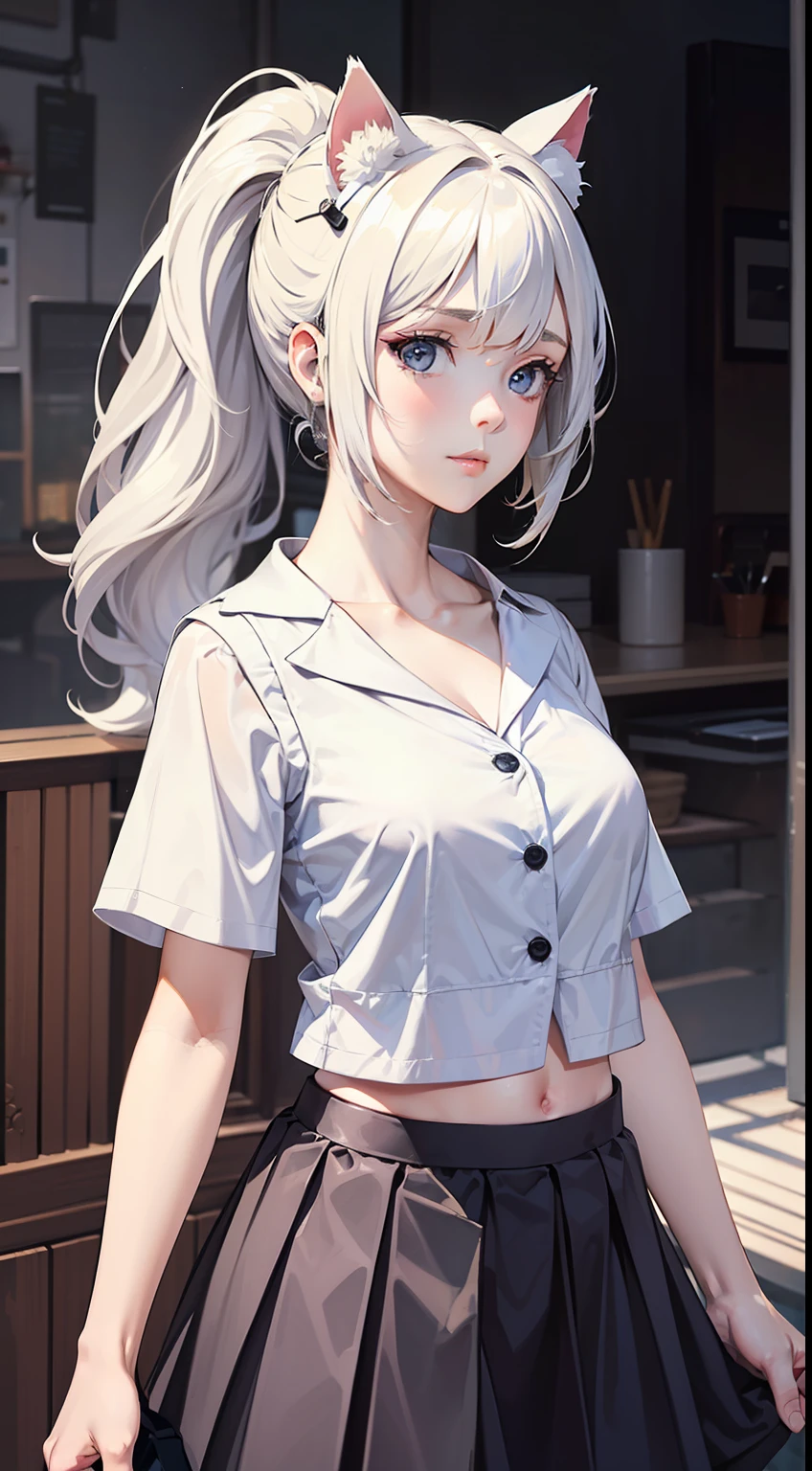 A girl, (adult female: 1.21), white short sleeves, with a white helmet, (collarbone: 1.1), (white vest: 1.11), (belly button), (white long hair: 1.1), ponytail, black eyes, Pleated skirts, skirts, busts, dove circles, carrier pigeons, cat helmets, Band-Aids, wounds, busts,