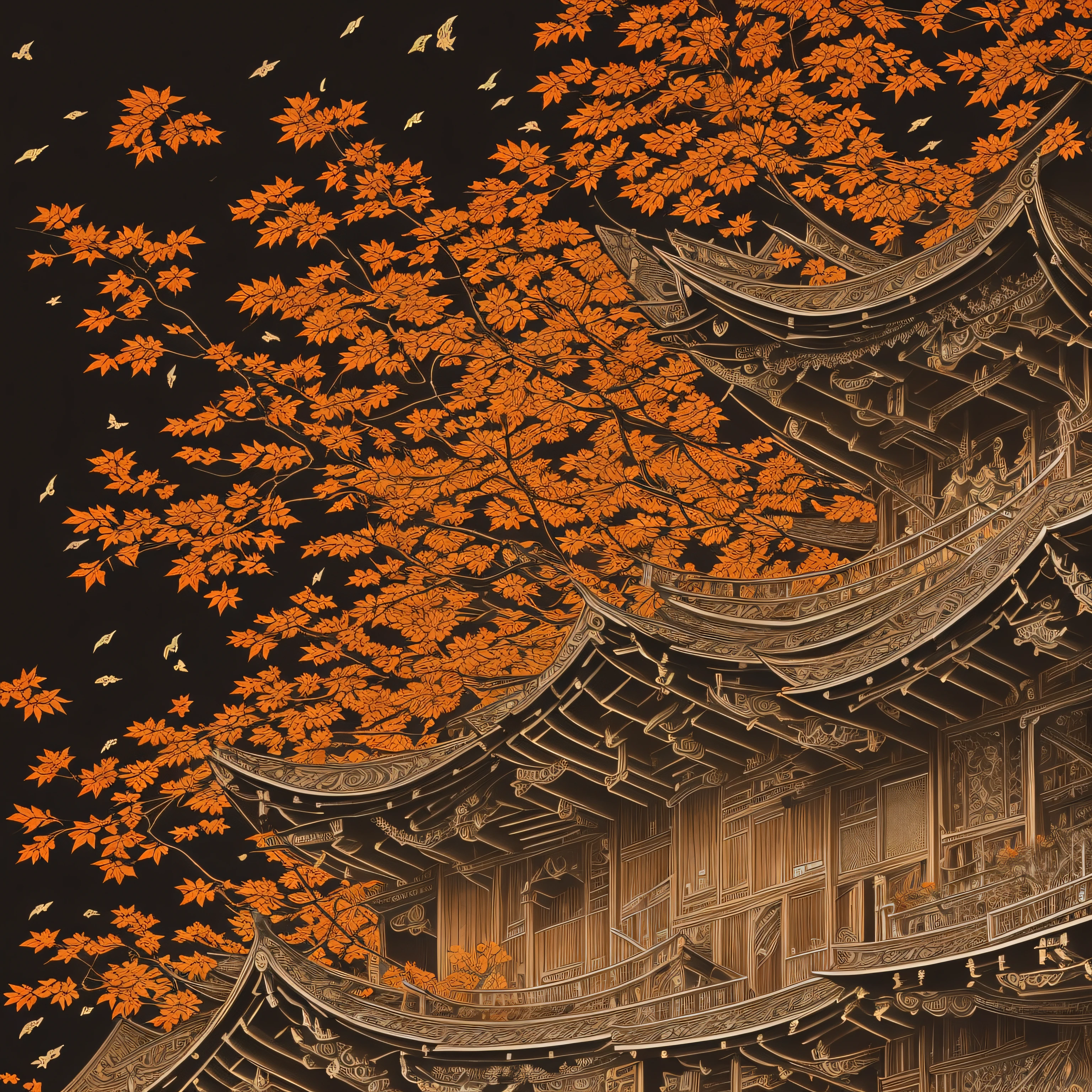 (best quality) ultra-detailed, intricate linework, highly detailed illustration, perfect composition, beautiful and stunning, Japanese house, dynamic angle, high contrast, incredible shading, incredible detail, unique style, black and orange details, (dark and mystical atmosphere), intricate and detailed nature elements. --auto --s2