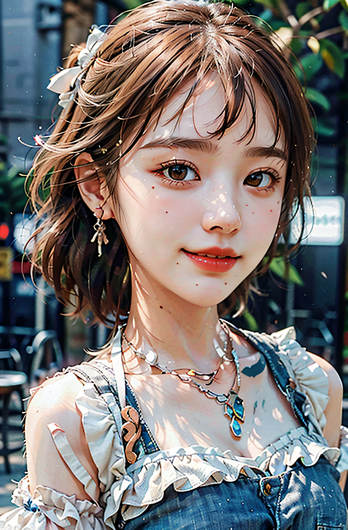 8k,(RAW photo),(best quality), (photo-realistic:1.4),realistic skin texture 1girl,Cute,Double eyelid,bangs,full body,petite,Thin leg,(Slender figure),slim,smile,headgear,earrings,necklace,looking at looking at viewer,face focus,depth of field,club ,(Bust Up Shot:1),Bokeh,,