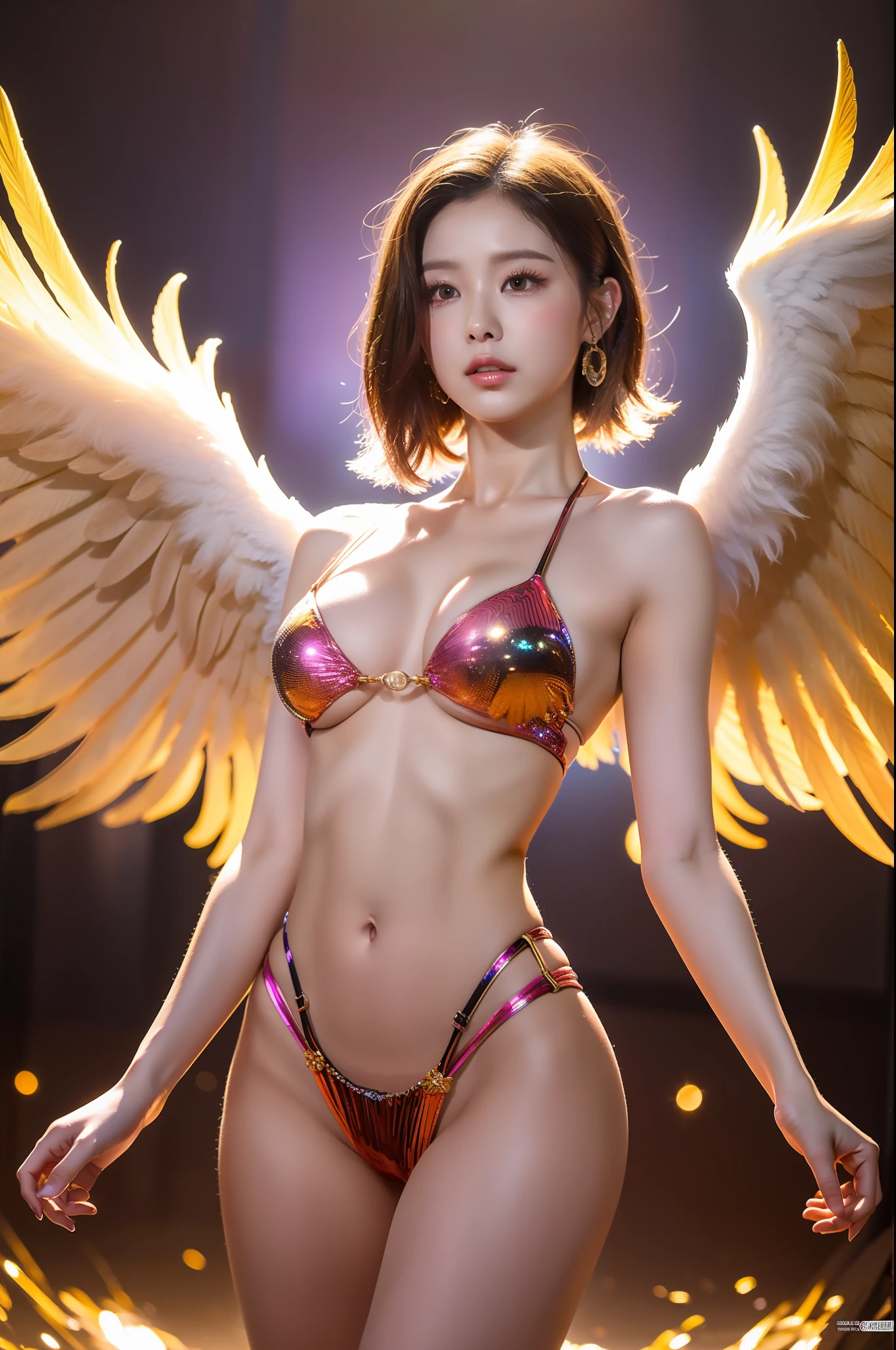 8k, raw, perfect lighting effects, psychedelic background, beauty with angel wings, bulging pubic bone, slender legs, seduction