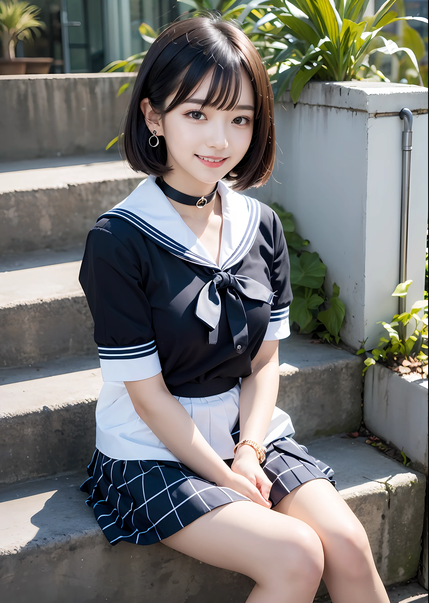 1girl, bangs, black_choker, black_hair, blue_sailor_collar, blue_skirt, bush, choker, collarbone, day, earrings, flower, jewelry, lips, looking_at_viewer, outdoors, plant, pleated_skirt, potted_plant, road, sailor_collar, school_uniform, serafuku, shirt, short_hair, short_sleeves, sitting, skirt, smile, solo, stairs,