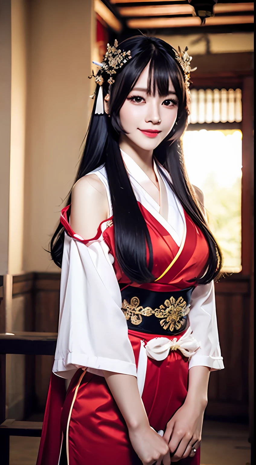 1 girl, onmyoji, in a temple, best quality, ((dancing)), ultra beautiful, glitering, dust in the air, dreammy, ((ultra realistic)), slightly opened eyes, long straight hair, sexy, smile, black hair, mature, intricate ornament on clothes, in style of red and white, intricate parttern, hyper detailed, skin texture, 8k, UHD, Vietnamese, cosplay