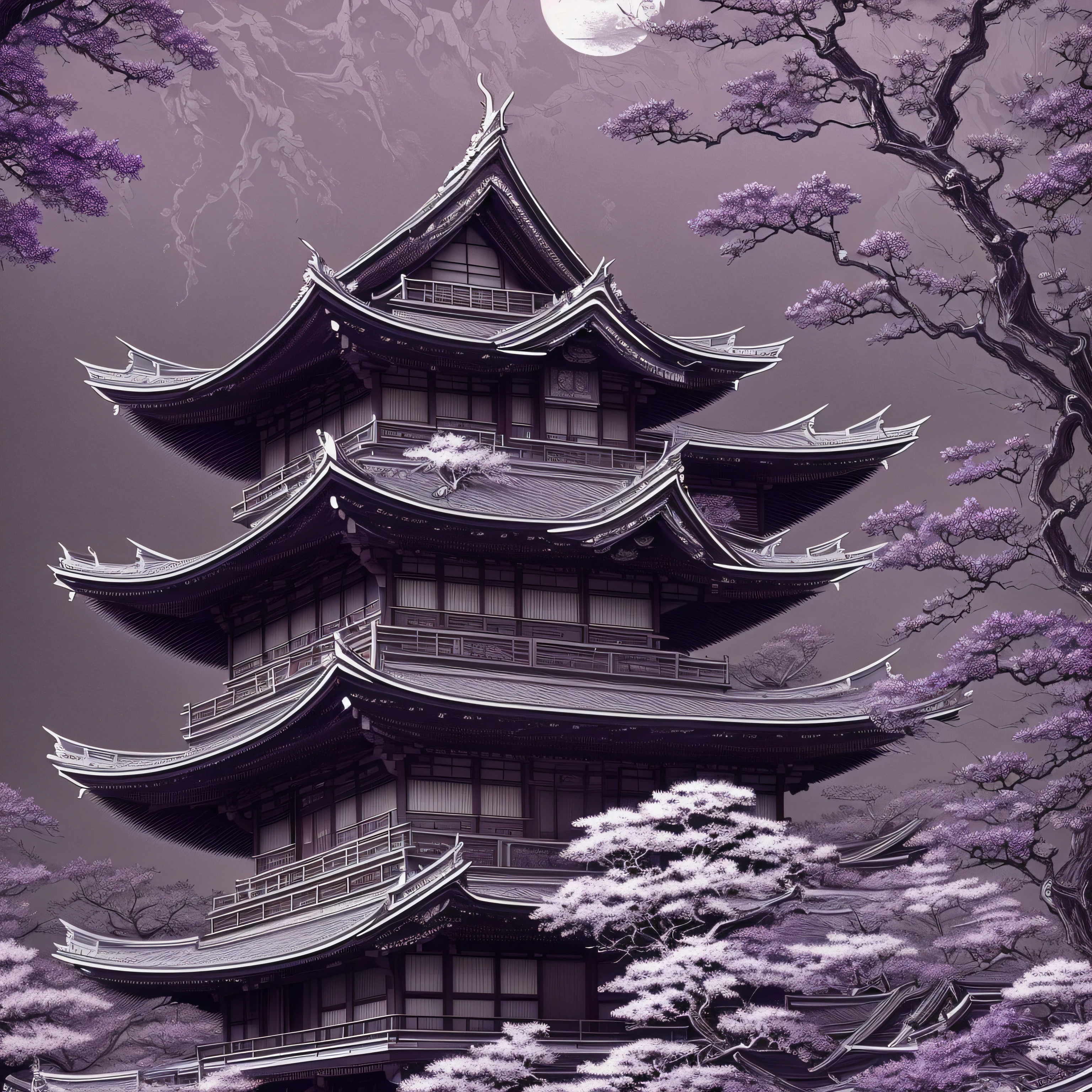 (best quality) ultra-detailed, intricate linework, highly detailed illustration, perfect composition, beautiful and stunning, Japanese house, dynamic angle, high contrast, incredible shading, incredible detail, unique style, black and purple details, (dark and mystical atmosphere), intricate and detailed nature elements. --auto --s2
