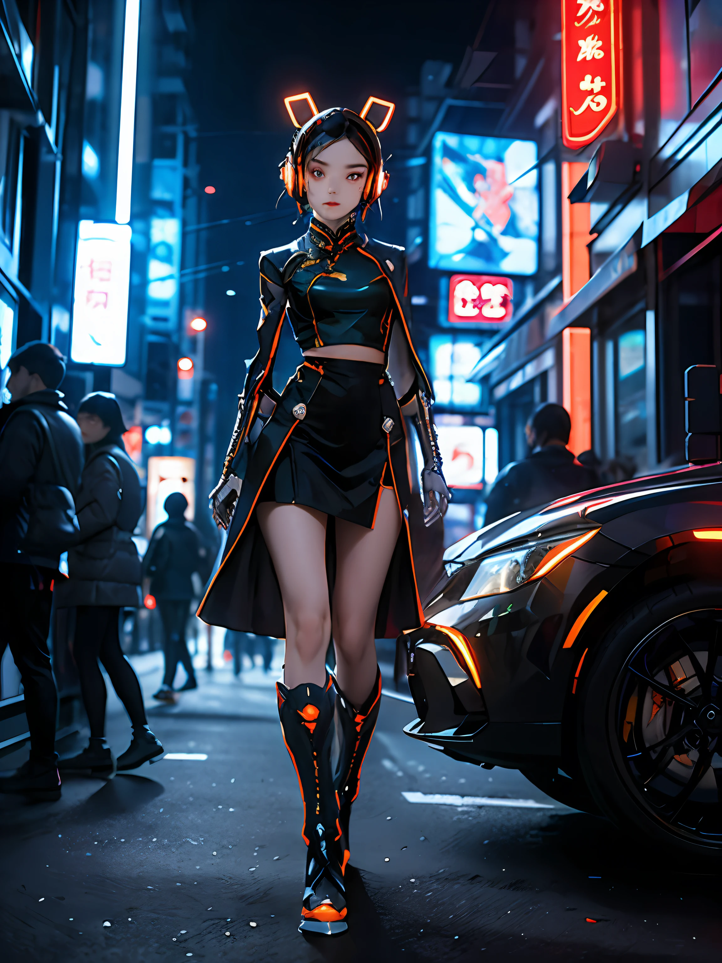 1 girl, Chinese_clothes, metallic black titanium and orange, cyberhan, cheongsam, cyberpunk city, dynamic pose, detailed luminous headphones, glowing hair accessories, long hair, luminous earrings, glowing necklace, cyberpunk, high-tech city, full of mechanical and futuristic elements, futurism, technology, glowing neon, orange, orange light, fluorescent orange, skirt, cape, coat, laser, digital background, urban sky, big moon, with vehicle, best quality, masterpiece, 8K, Character edge light, super high detail, high quality, the most beautiful woman in human beings, slight smile, face facing front left and right symmetry, ear decoration, beautiful pupils, light effects, visual data, pick and dye orange, dye hair, super detail facial texture, happy and proud, weapon system, mecha style, crowded street passers-by, full body in camera, infinite zoom, super light and shadow, various poses, long hair flowing, glowing boots