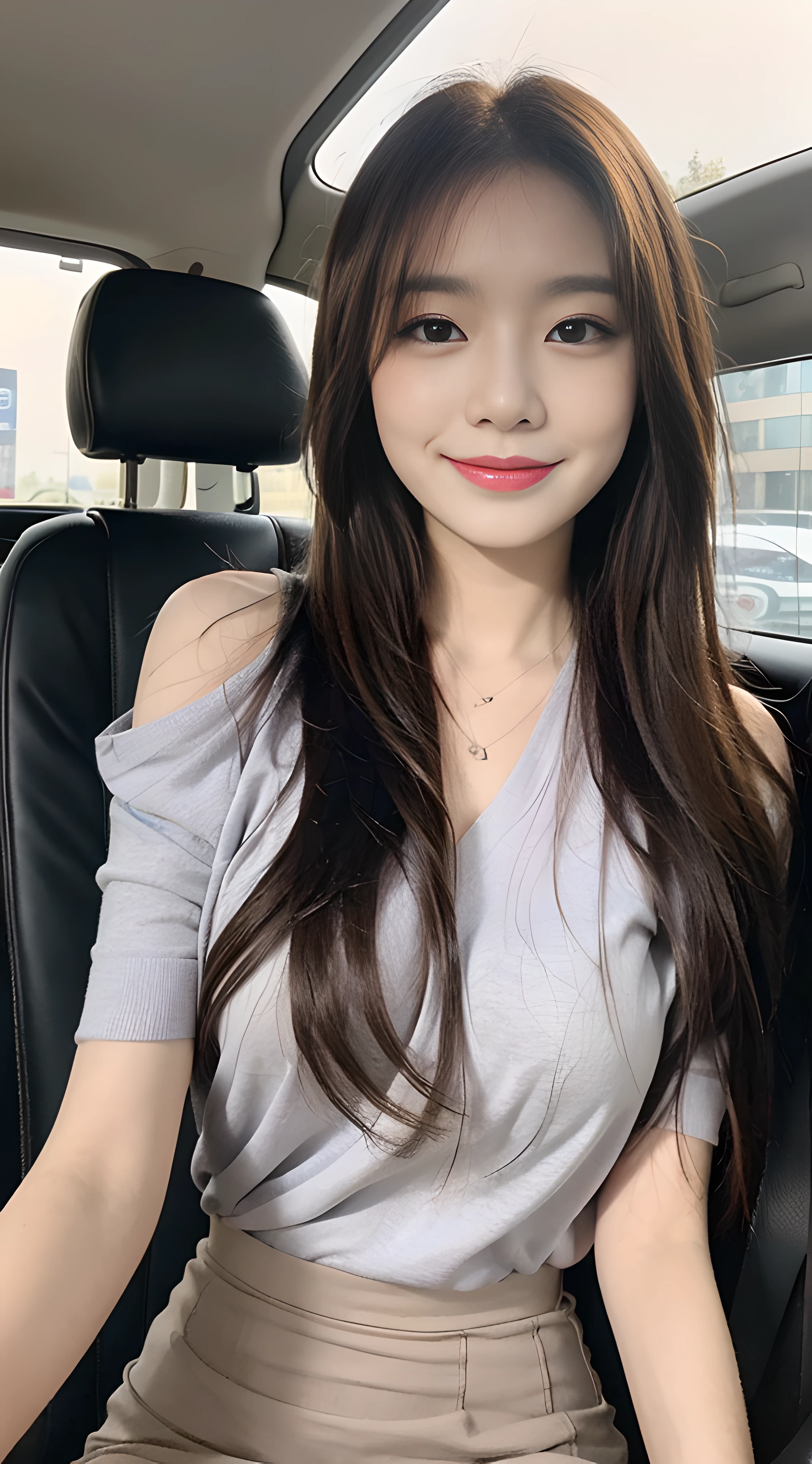 (1 cute Korean star), ((best quality, 8k, masterpiece: 1.3)), focus: 1.2, perfect body beauty: 1.4, ((air bangs: 1.2)), , (night, street: 1.3), highly detailed face and skin texture, delicate eyes, double eyelids, whitened skin, (long hair: 1.3), (round face: 1.5), (shoulder skirt: 1.6).  Smile, inside the car