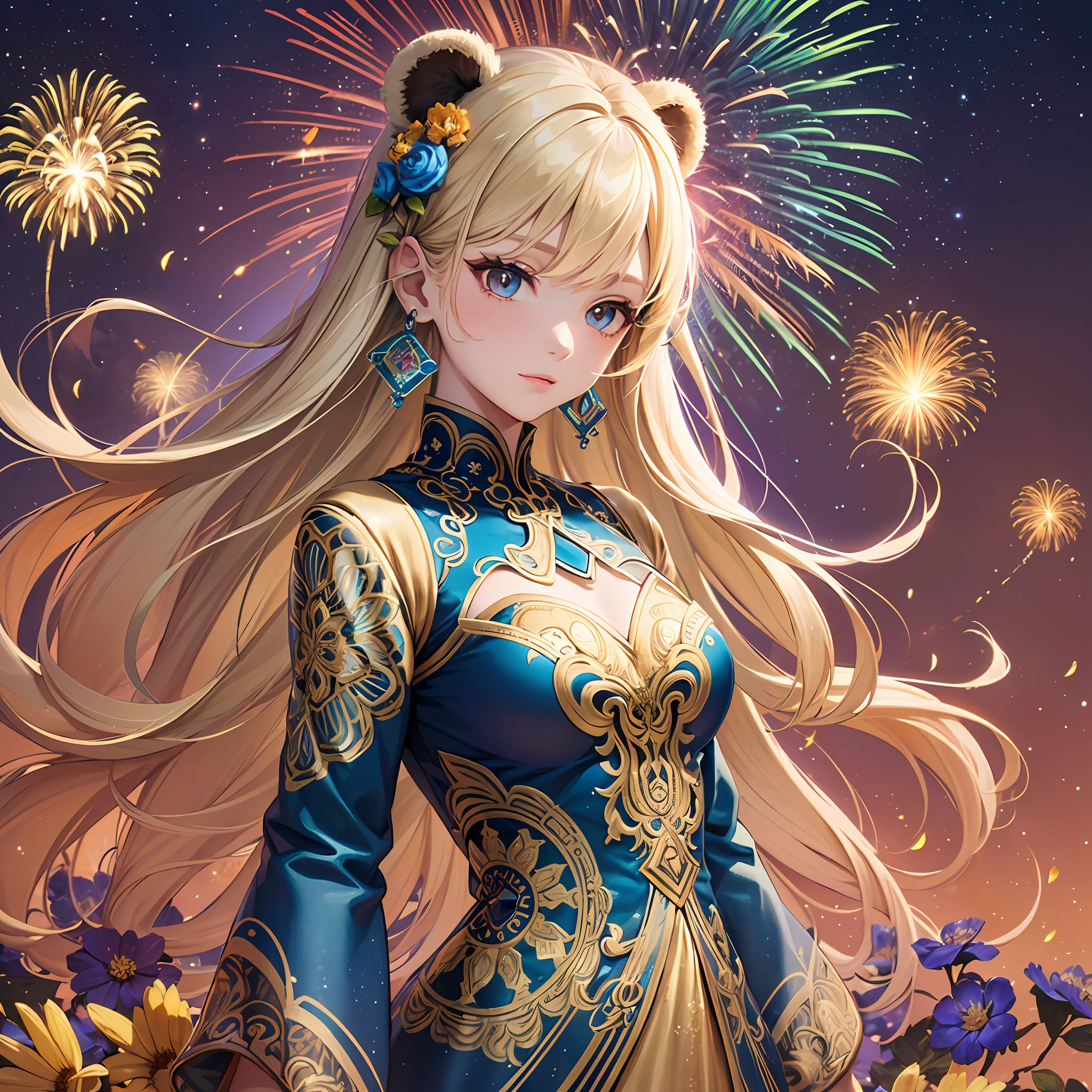 (Masterpiece, Top Quality, Best Quality, Official Art, Beautiful and Aesthetic: 1.2), (1 Girl: 1.3), Blue and Gold, Very Detailed, (Fractal Art: 1.1), (Colorful: 1.1) (Flower: 1.3), Supreme Detail, (Zentangle: 1.2), Long Dress Sleeves, (Abstract Background: 1.3), (Glossy Skin), (Many Colors: 1.4), (Earrings), (Wind: 1.3), emerald, long hair, wrapped in light, detailed background, phoenix dress, panda ears, flowers, bright eyes, fireworks